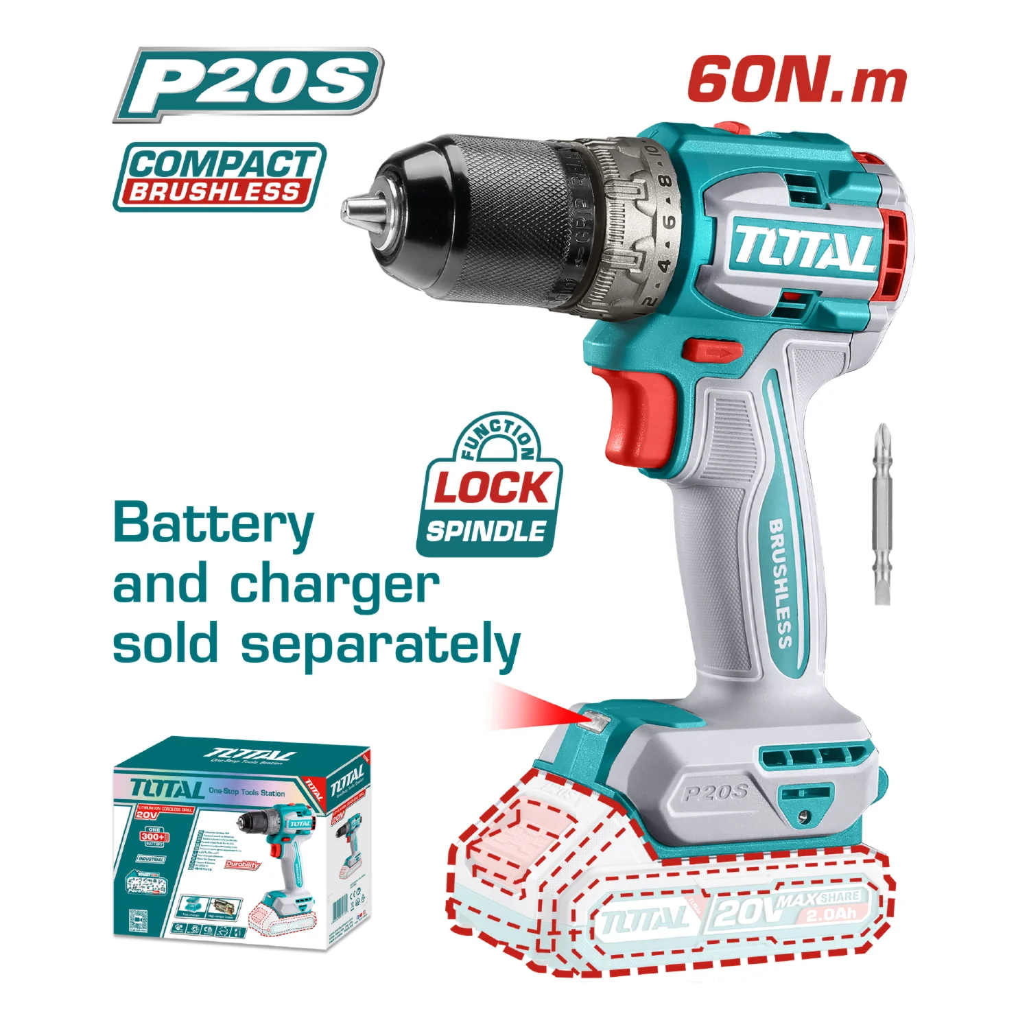 Drill Taladro Inalámbrico 1/2" 20V 60Nm. 22+1 Motor Sin Escobillas. Batería Y Cargador Por Separado. Super Total - Image 2