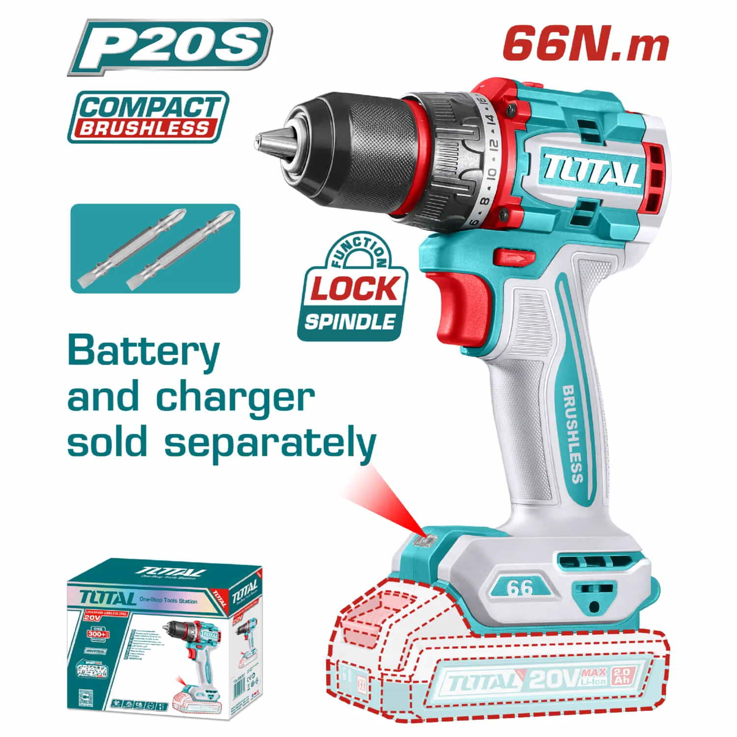 Drill Taladro Inalámbrico 1/2" 20V  66 Nm  22+1  Motor Sin Escobillas. Batería Y Cargador Por Separado. Super Total