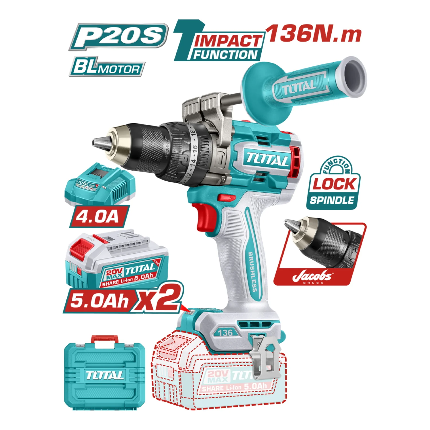 Drill Taladro Inalámbrico 136Nm 20V Función De Impacto. Motor Sin Escobillas. Incluye Batería, Cargador Y Accesorios.