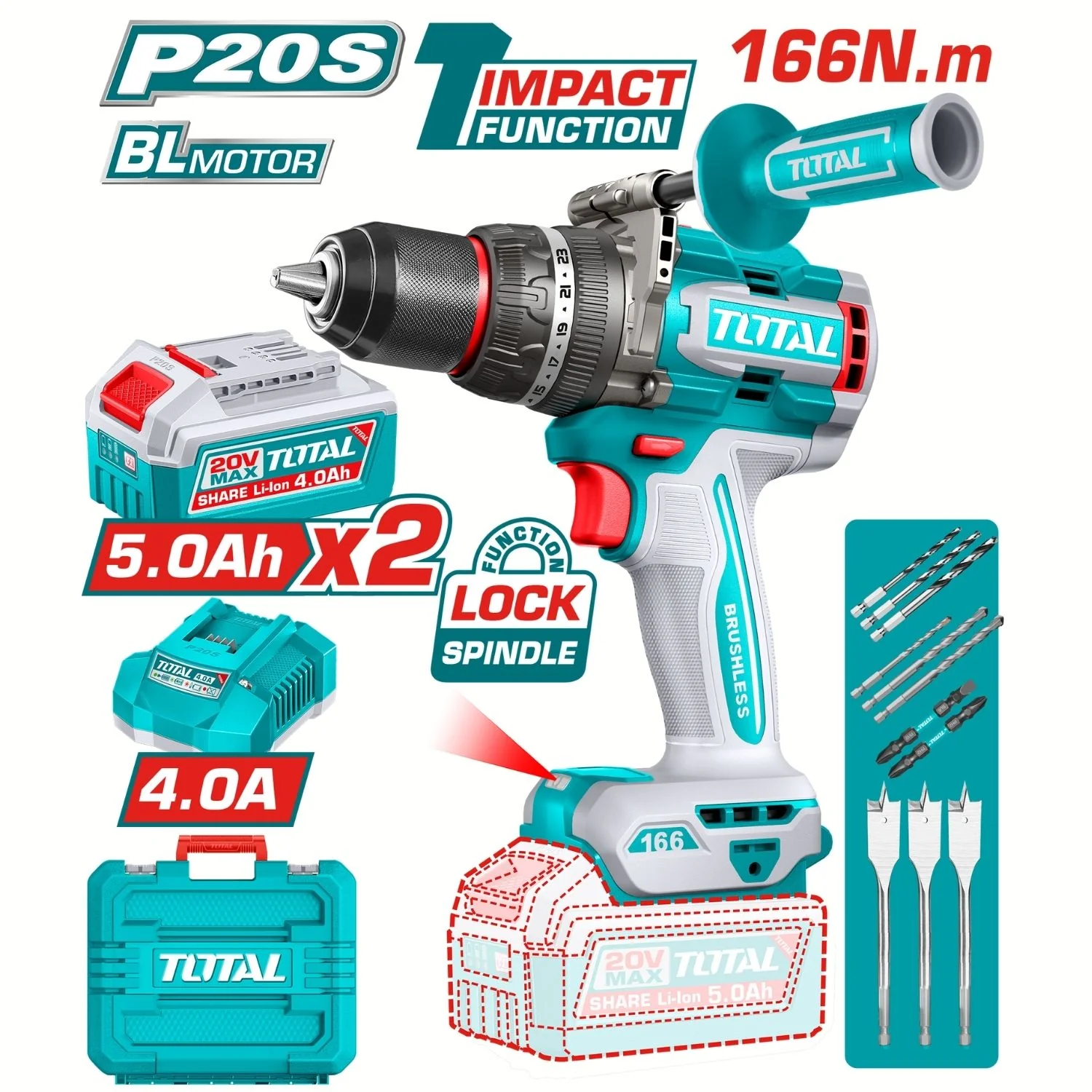 Drill Taladro Inalámbrico 166 Nm 20V Función De Impacto. Motor Sin Escobillas. Incluye Batería, Cargador Y Accesorios. - Image 2
