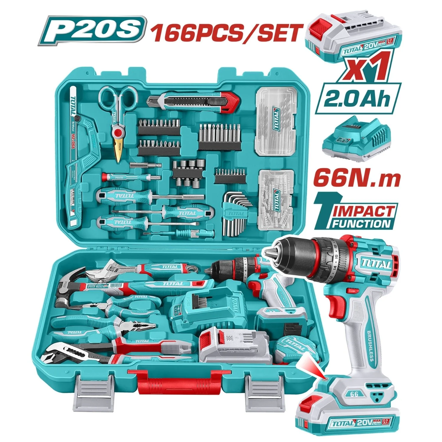 Drill Taladro Inalámbrico 20V 66Nm Con Set De 166 Herramientas Variadas. Incluye Batería Y Cargador. Herramientas En Maletín