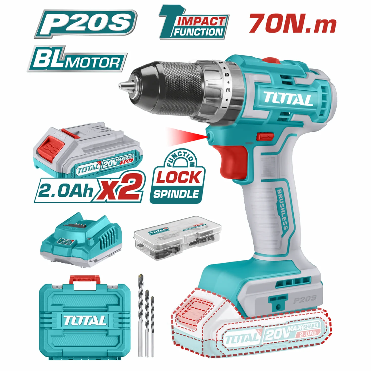 Drill Taladro Inalámbrico 20V 1/2" De Impacto (Sin Escobillas) Incluye Batería Y Cargador.