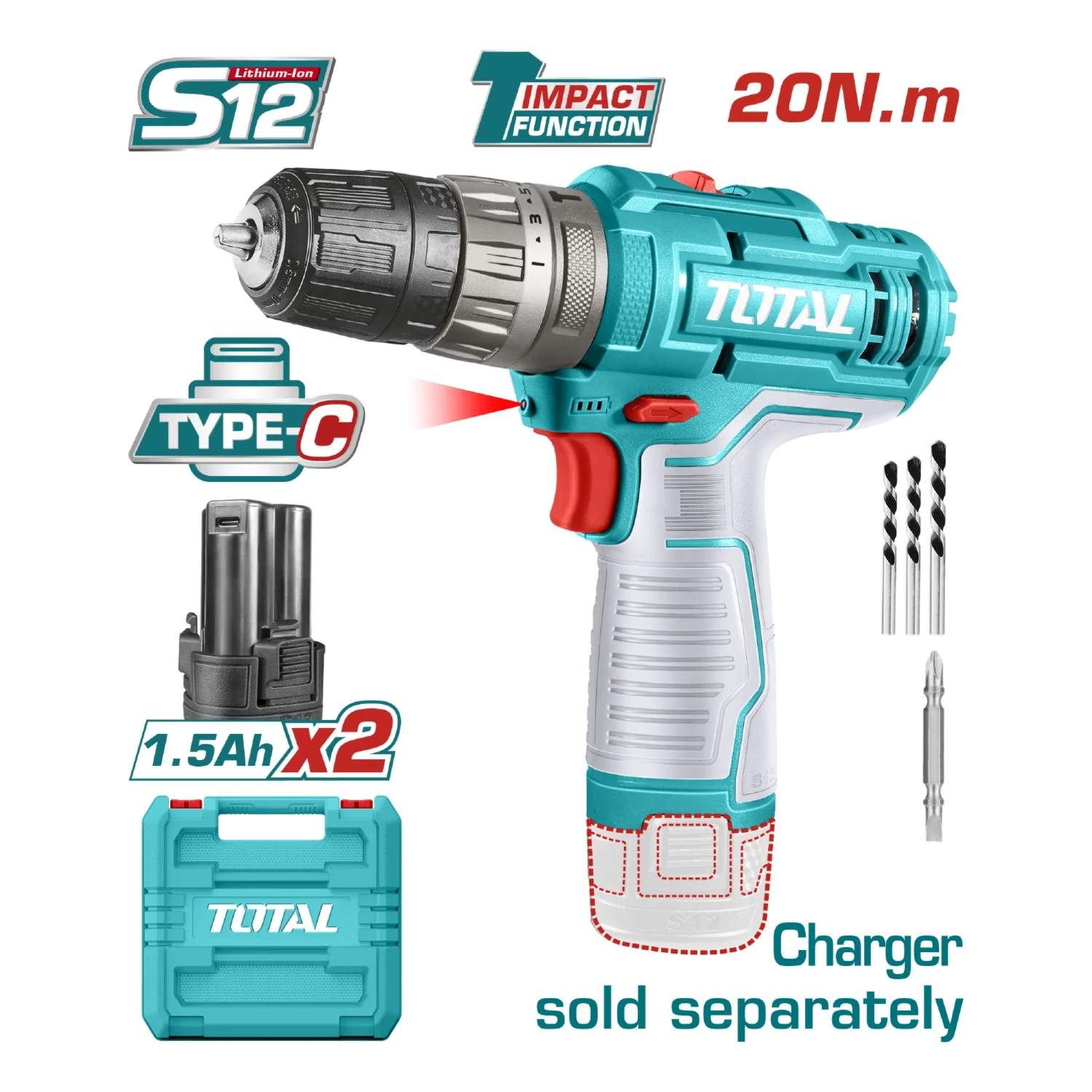 Drill Taladro Inalámbrico 3/8" 12V Función Impacto 0.8-10Mm 20Nm Luz LED. No Incluye Cargador. Super Total - Image 2