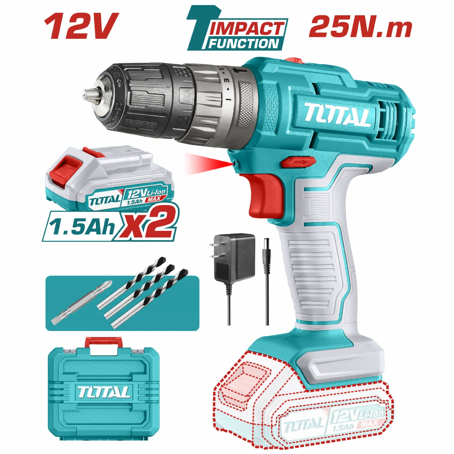 Drill Taladro Inalámbrico 3/8" 12V Impacto 0.8-10Mm 25Nm 22500Bpm Con Batería Y Cargador.