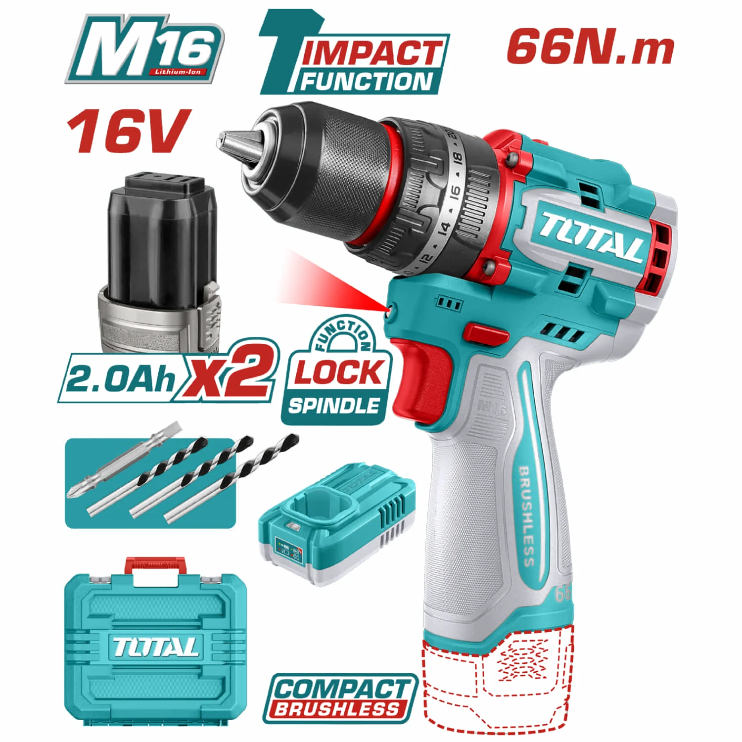 Drill Taladro Inalámbrico 66N.M 16V Función De Impacto. Motor Sin Escobillas. Con 2 Baterías, Cargador Y Accesorios.