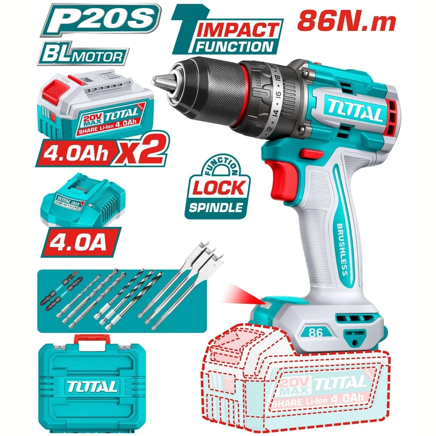 Drill Taladro Inalámbrico 86 Nm 20V Función De Impacto. Motor Sin Escobillas. Incluye Batería, Cargador Y Accesorios. - Image 2