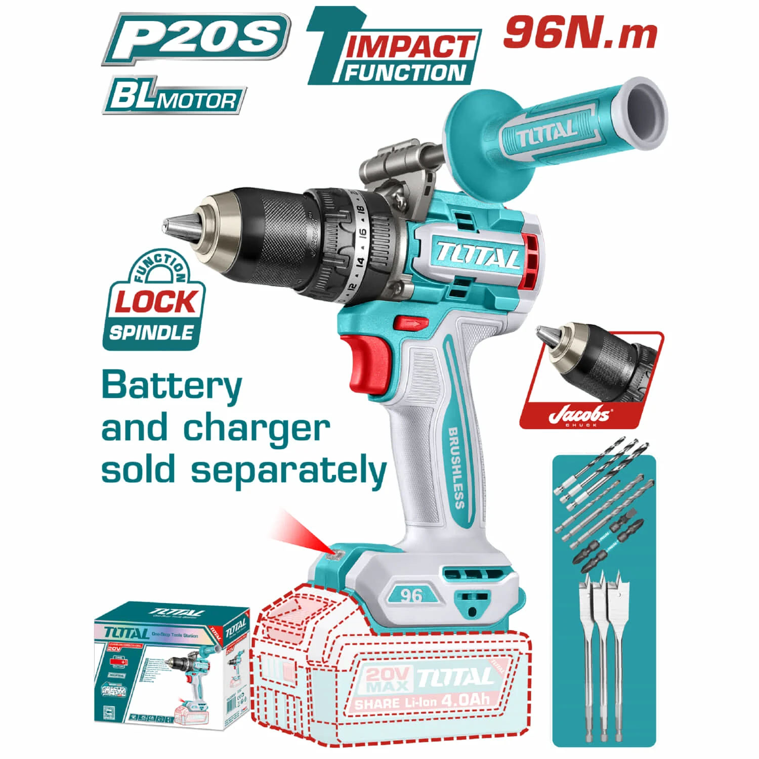 Drill Taladro Percutor 96N.M 1/2" 20V Mandril Metálico Jacobs Función De Impacto. Motor Sin Escobillas. No Incluye Batería Ni Cargador.