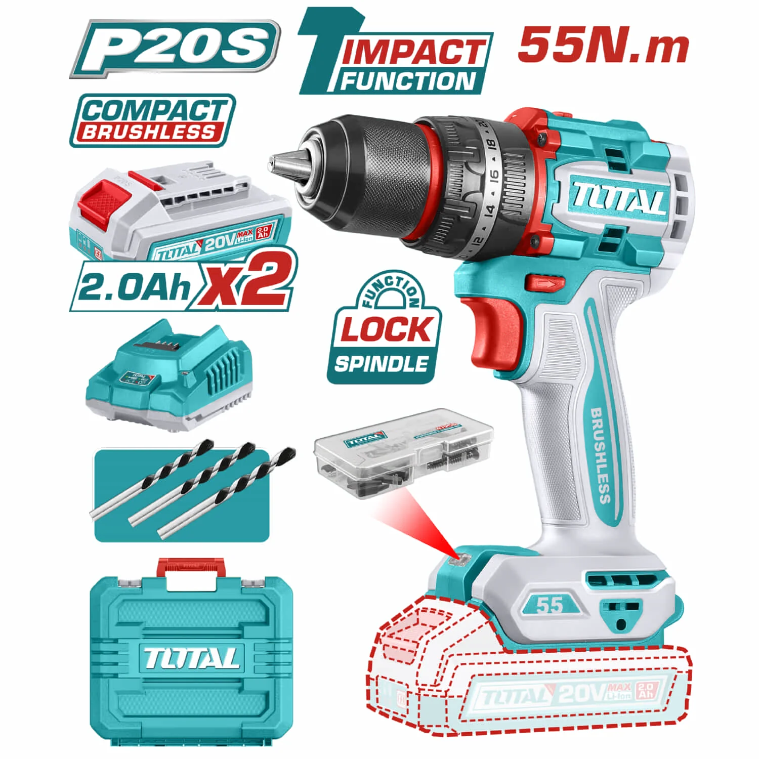Drill Taladro Inalámbrico De 1/2" 20V Función De Impacto. Motor Sin Escobillas. 55Nm.  Incluye Baterías Y Cargador.