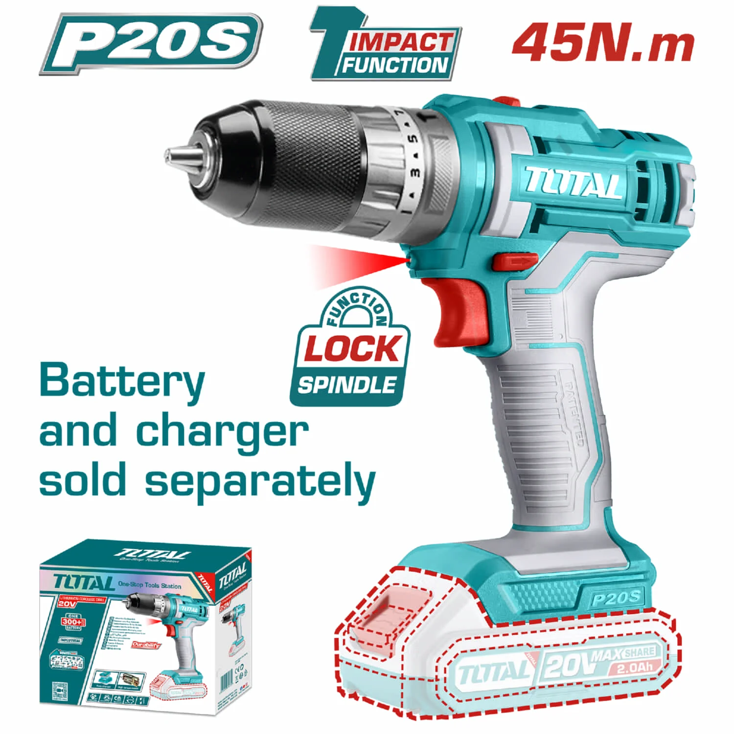 Drill Taladro Inalámbrico Función Impacto 20V 3/8" 45 Nm -22500/Min. No Incluye Batería Ni Cargador
