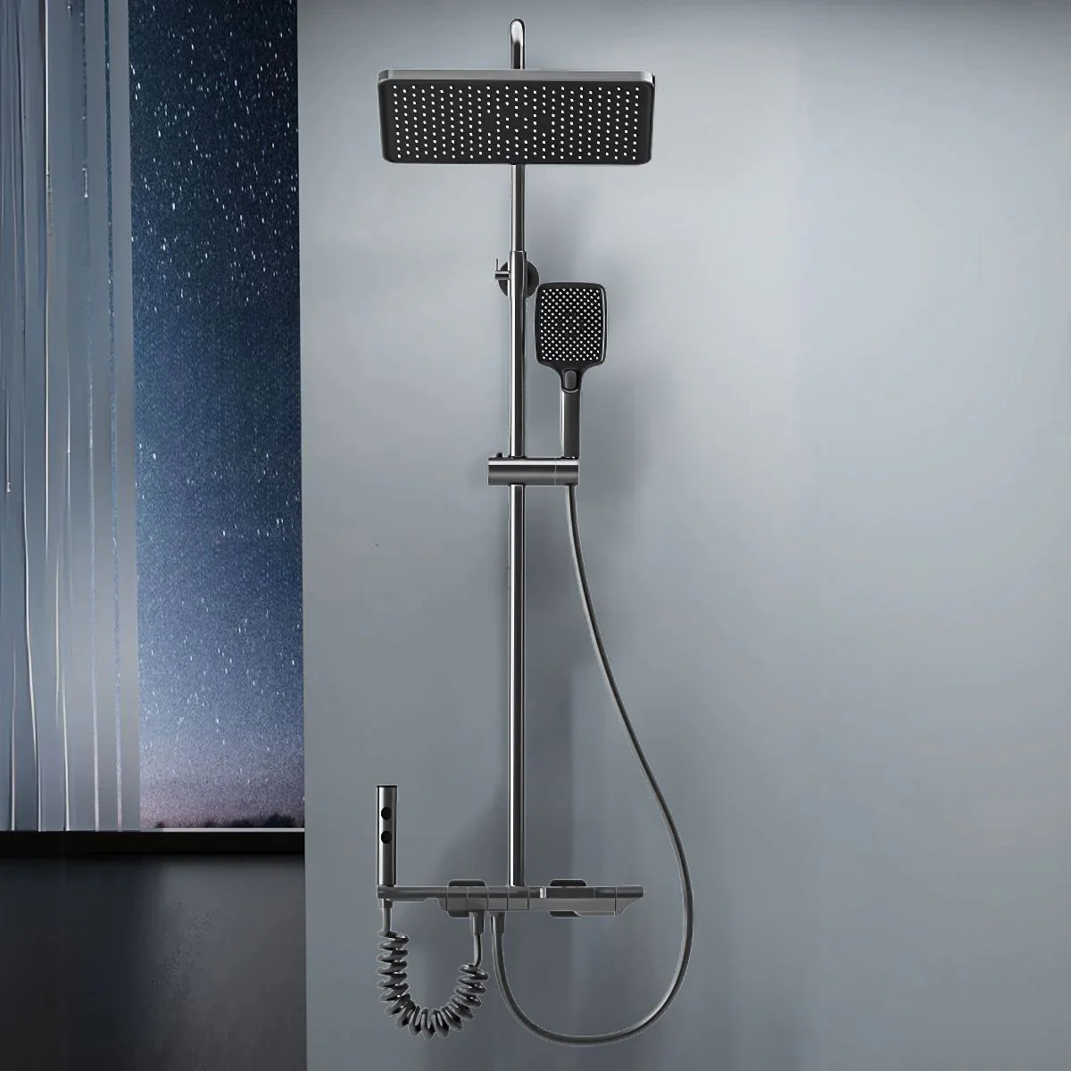 Ducha De Baño Moderna. Sistema De Regadera Con Rociador Tipo Lluvia Y Ducha De Mano Multifunción. Gris Metalizado