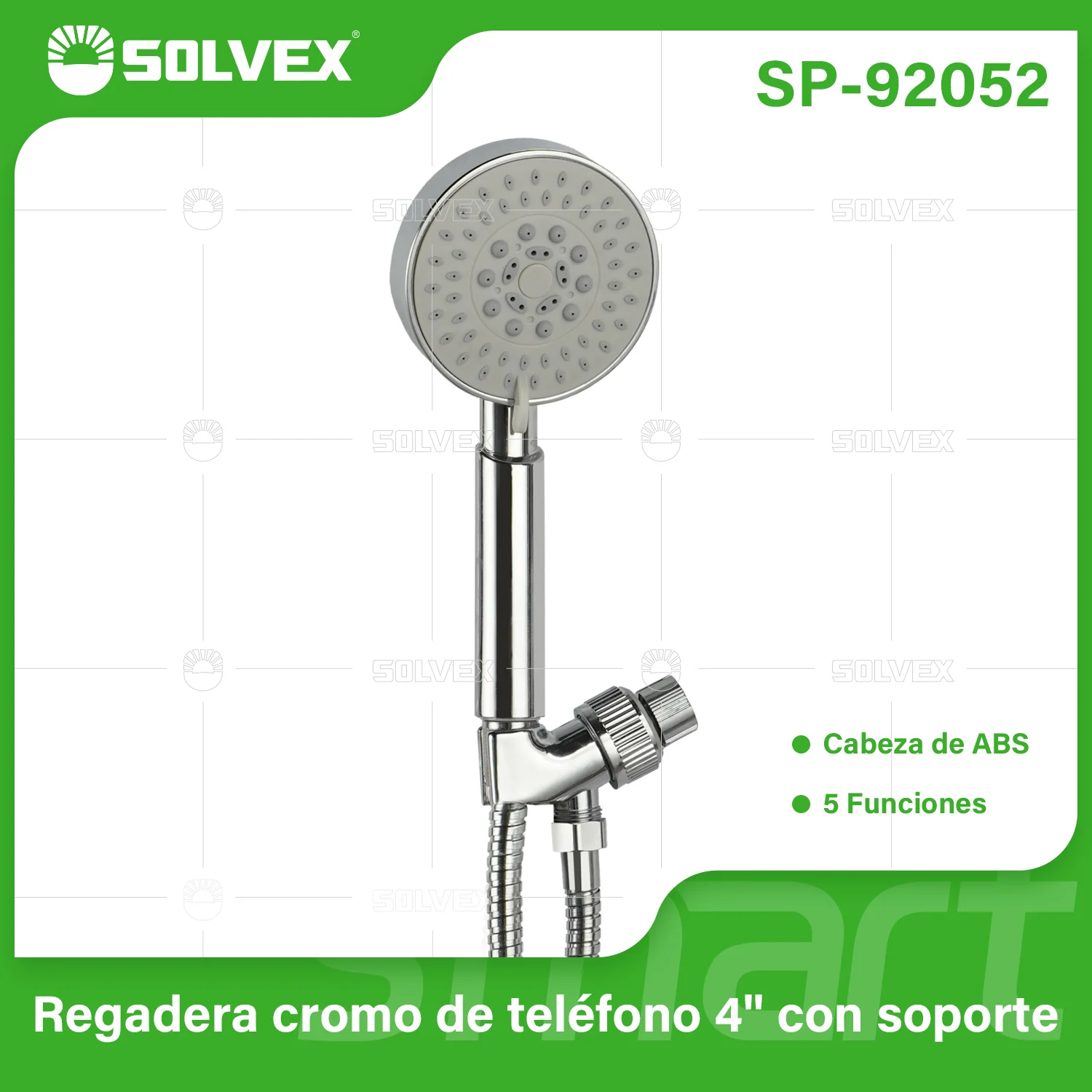 Ducha De Mano Tipo Teléfono De 4” Con 5 Funciones. Soporte Ajustable Y Acabado Cromado Brillante.