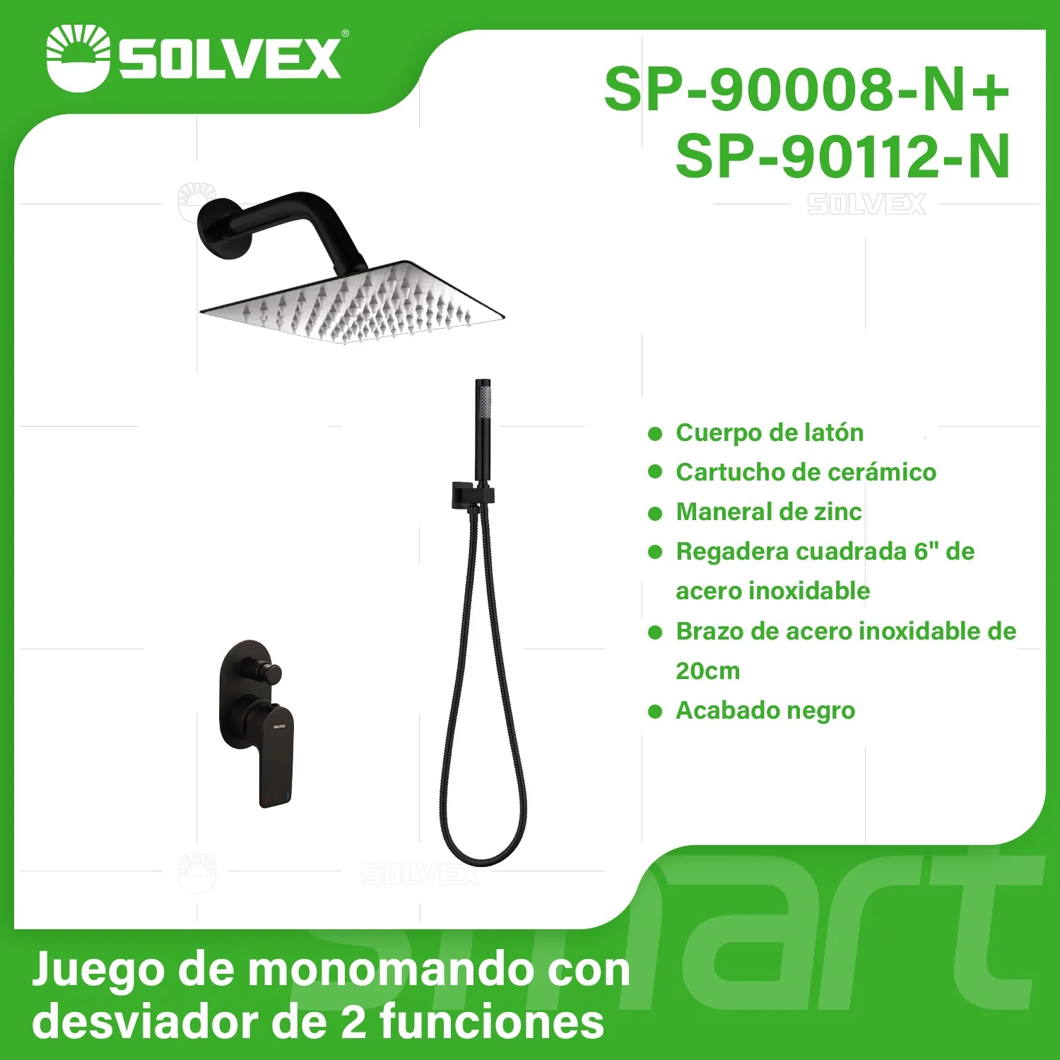 Ducha Empotrable Con Mezcladora Monomando De 2 Funciones, Regadera De 6” Y Ducha Teléfono. Diseño En Color Negro.