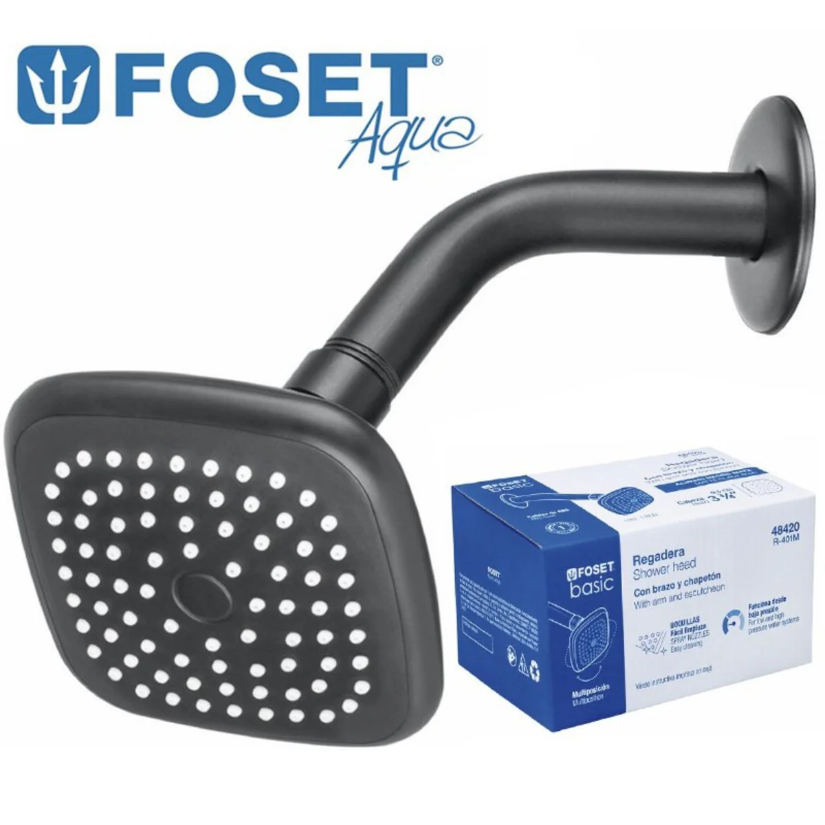 DUCHA REGADERA COMPLETA "FOSET" (5) METAL De LUJO 3 3/4" NEGRO