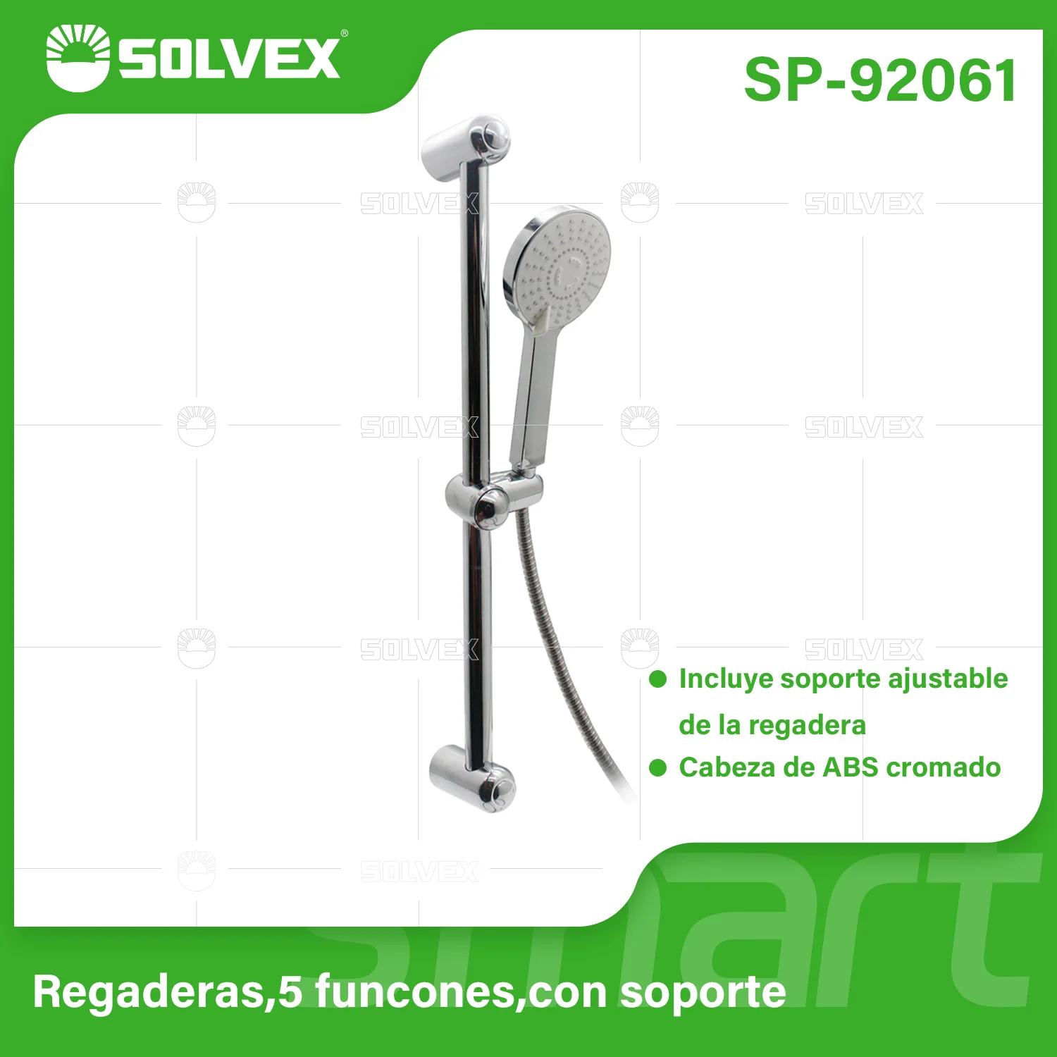 Ducha Tipo Teléfono De 5 Funciones. Regadera De Manocon Soporte Ajustable Y Manguera De 1.5M. Cabezal ABS Cromado.