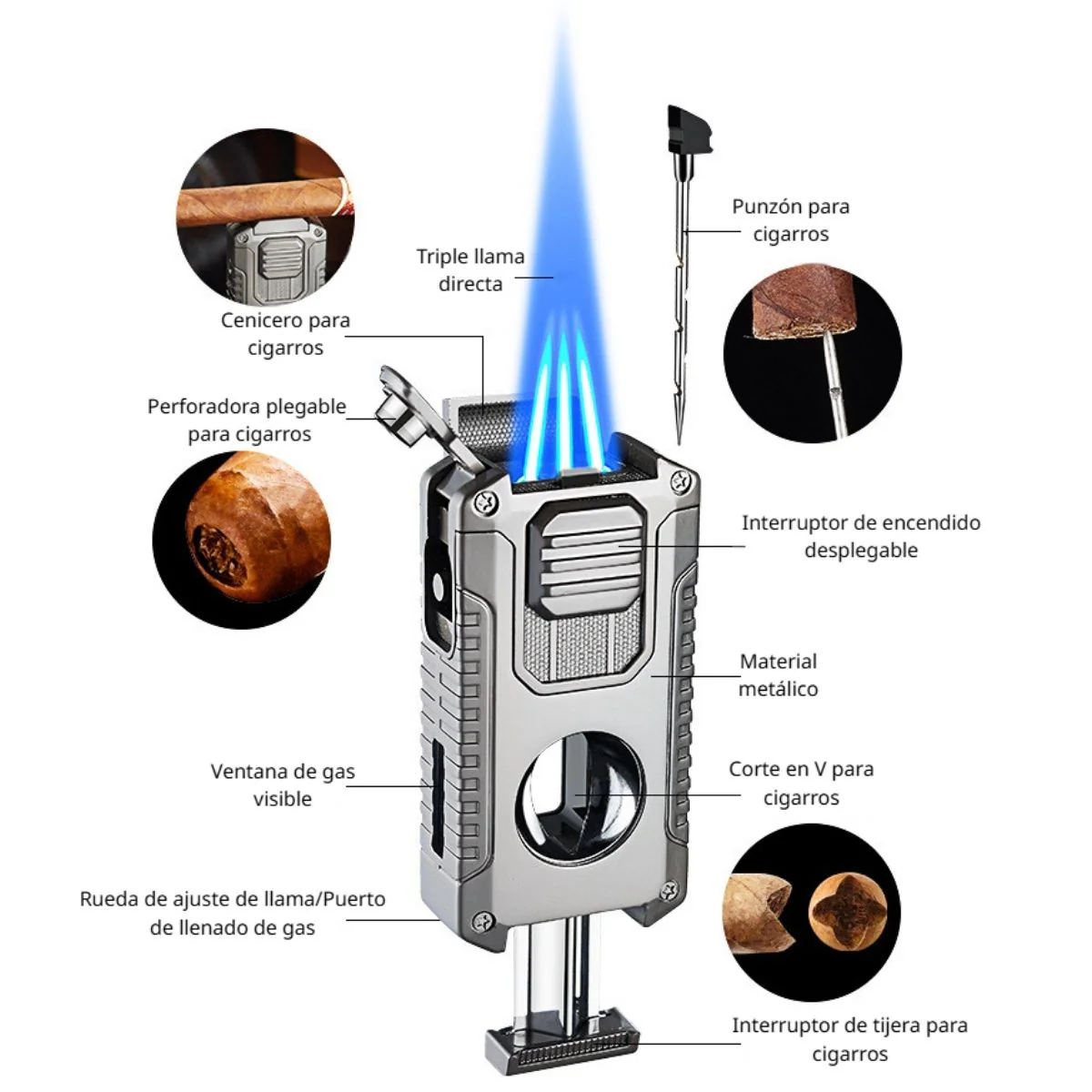 Encendedor Lighter Multifuncional De Antorcha Para Habanos 5 En 1, Con Cortador, Punzon Triple Antorcha Recargable, Soplete De Butano Para Encender Puros. Zippo - Image 2