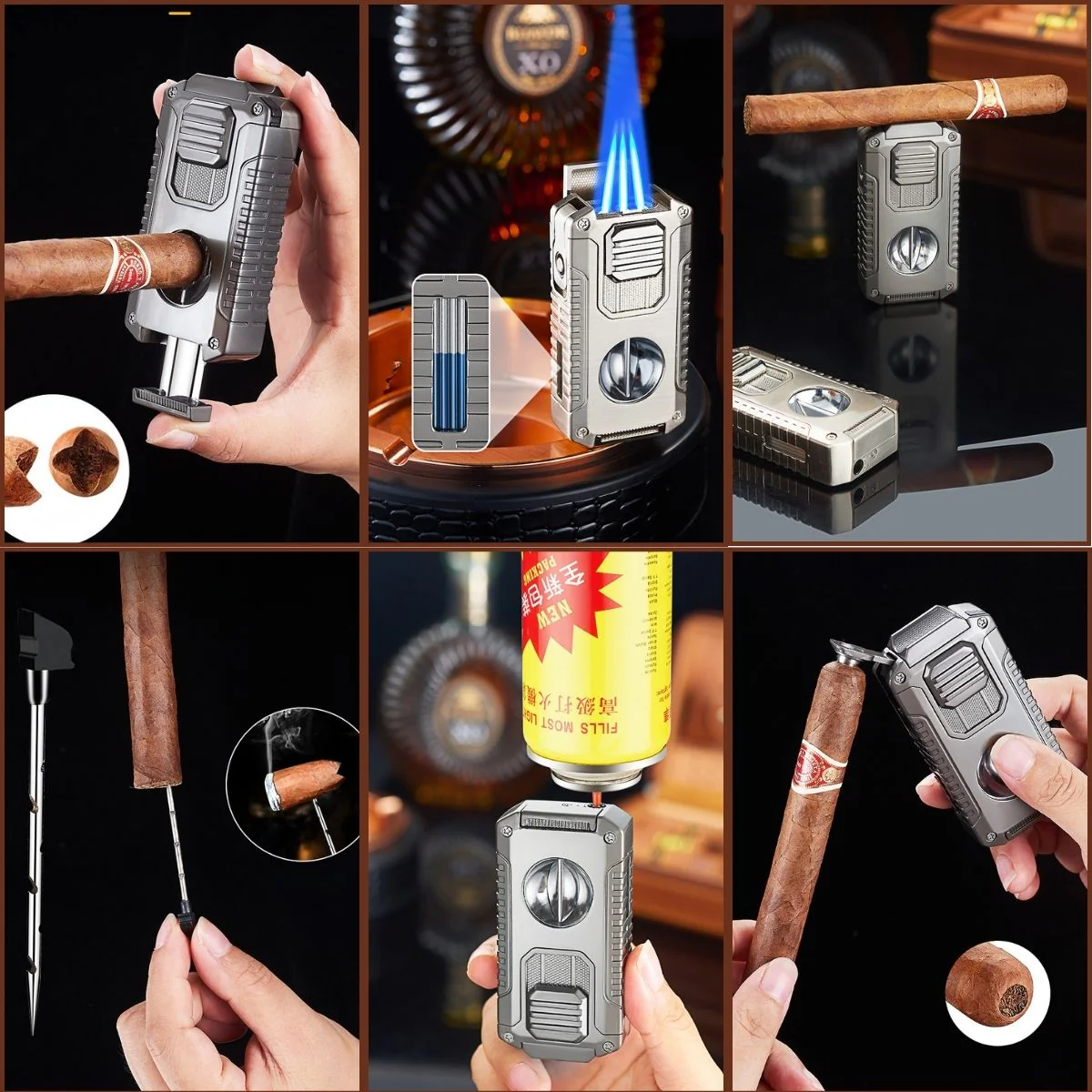Encendedor Lighter Multifuncional De Antorcha Para Habanos 5 En 1, Con Cortador, Punzon Triple Antorcha Recargable, Soplete De Butano Para Encender Puros. Zippo - Image 5