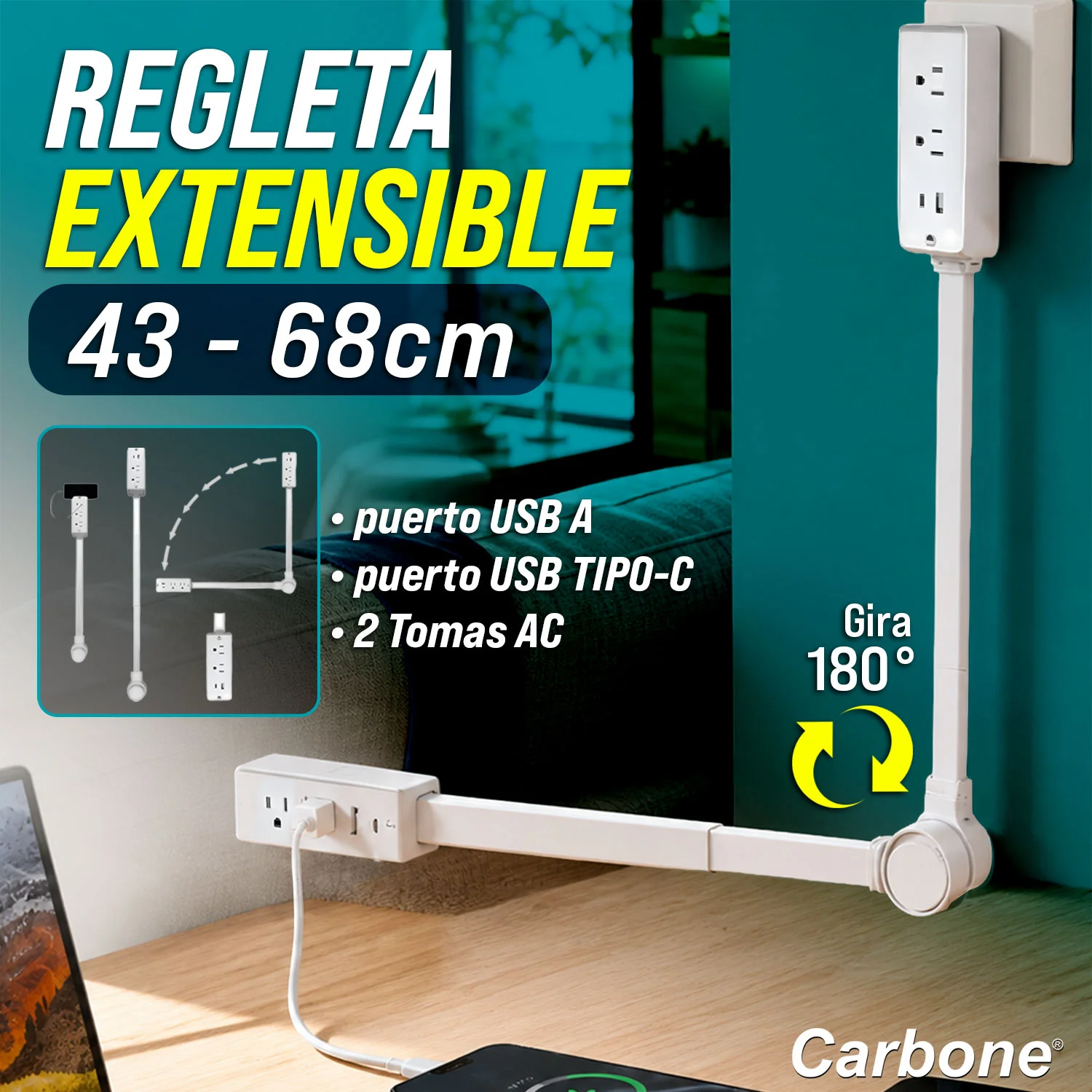 Enchufe Regleta Extensible De 43 A 68 Cm. Con Puerto USB Y Tipo-C - Image 5