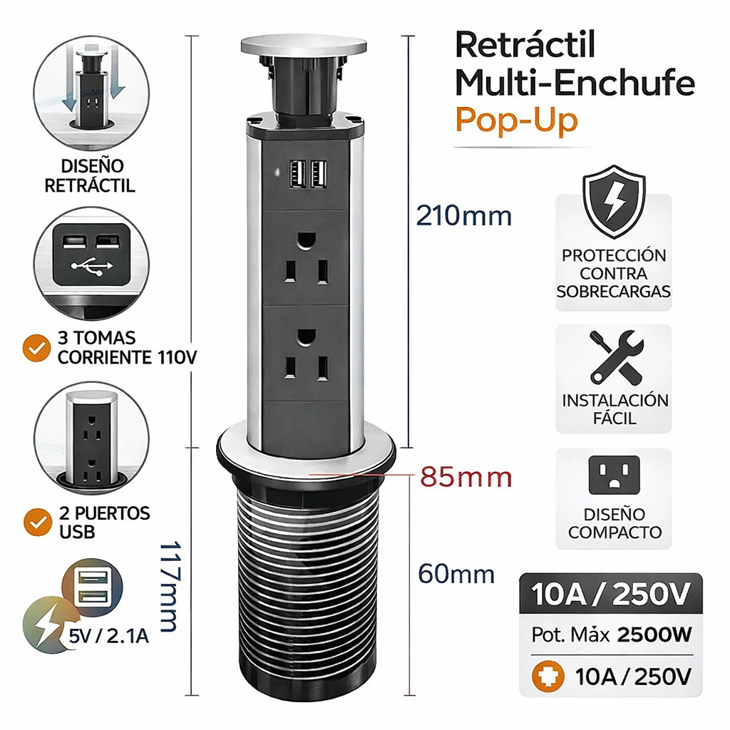 Enchufe Toma Corriente Retráctil Con 3 Salidas Y 2 Puertos USB. Torre De Enchufe Para Sobre Mesa, Cocina, Escritorio, Oficinas.