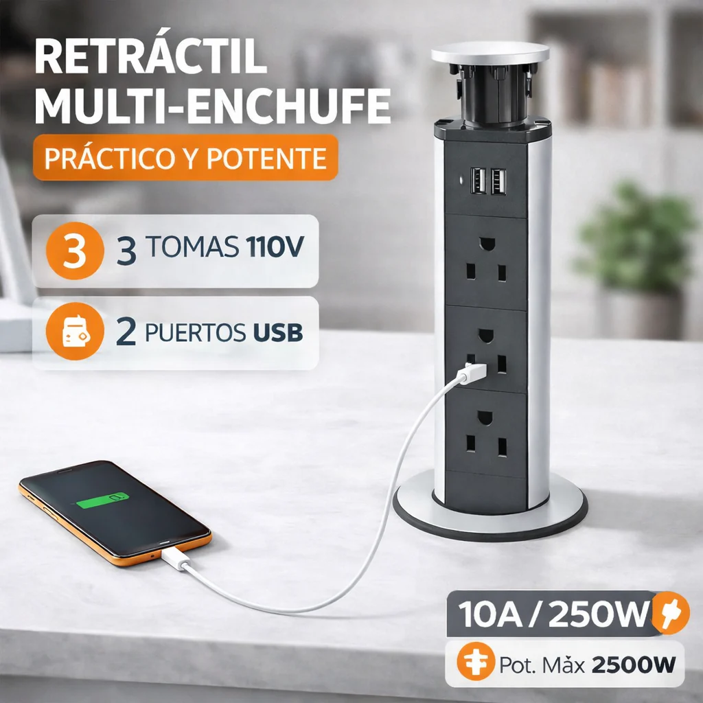 Enchufe Toma Corriente Retráctil Con 3 Salidas Y 2 Puertos USB. Torre De Enchufe Para Sobre Mesa, Cocina, Escritorio, Oficinas. - Image 3