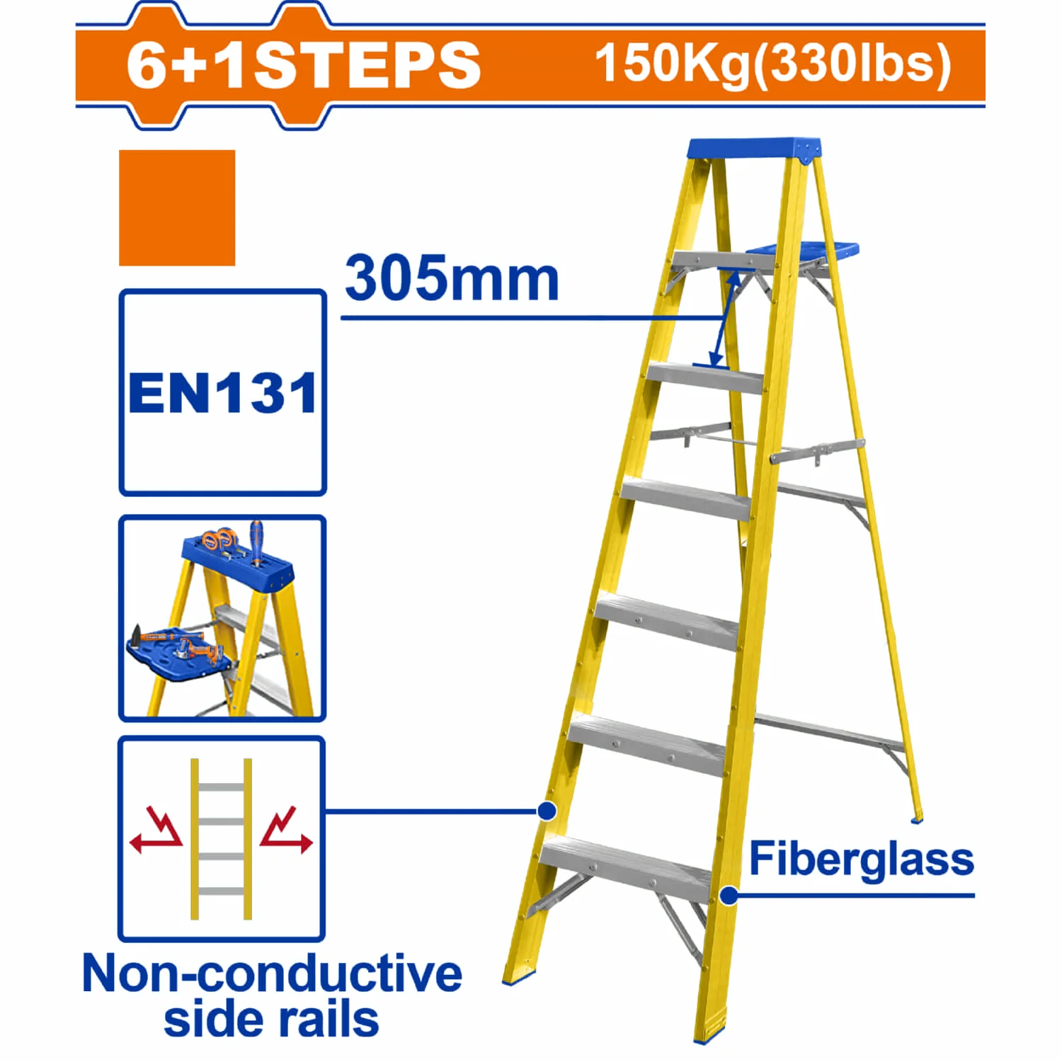 Escalera De Fibra De Vidrio 7 Escalones. Altura De Paso: 305Mm. Norma EN131 Carga Máxima: 150Kg Rieles Laterales Aislantes. Escalera De Tijera
