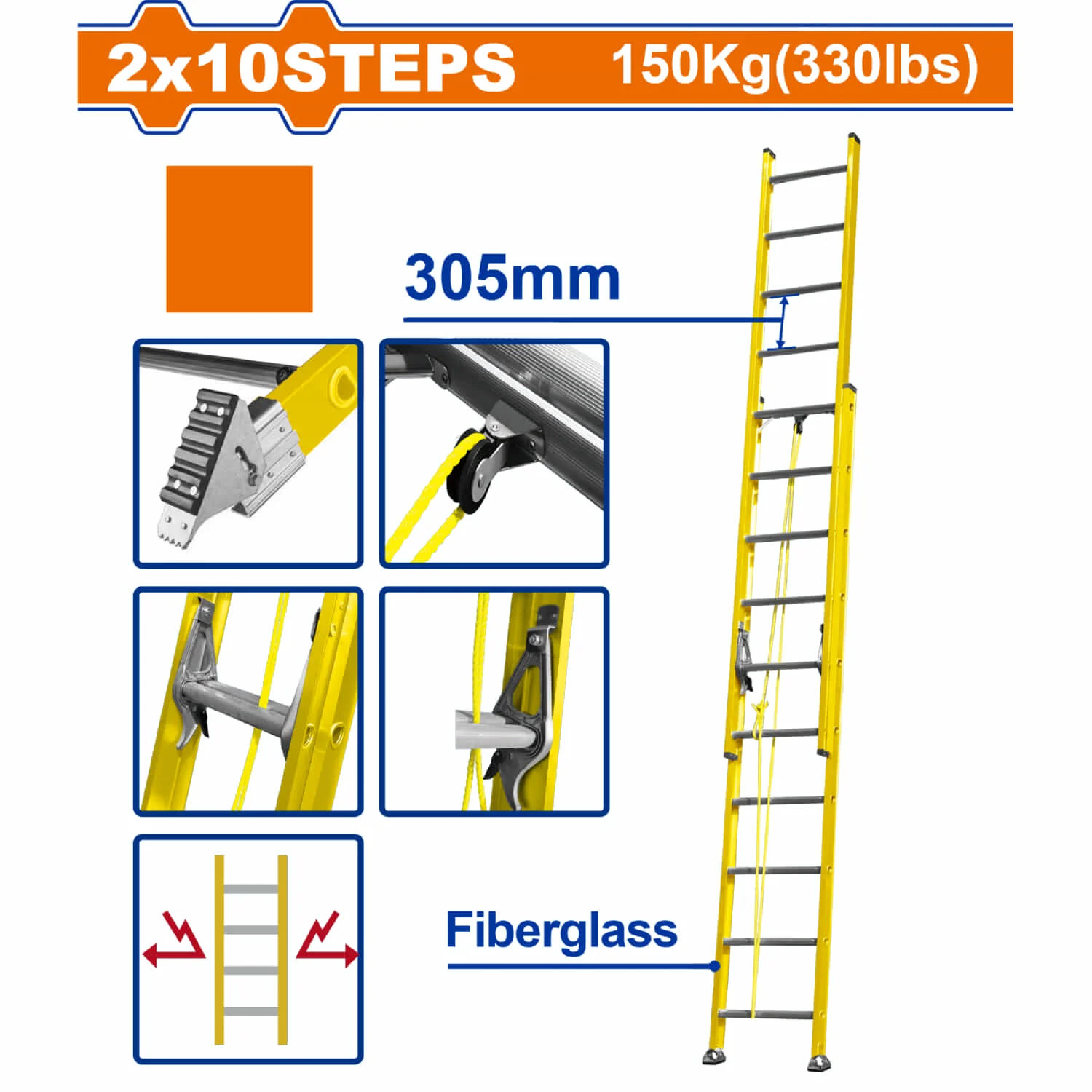 Escalera Extensible 2X10 De Fibra De Vidrio. Carga Máx. 150Kg Altura Escalón 305Mm.