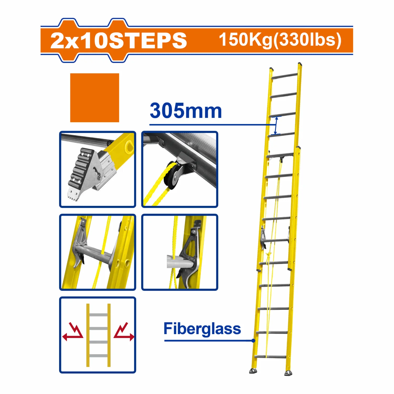 Escalera Extensible 2X10 De Fibra De Vidrio. Carga Máx. 150Kg Altura Escalón 305Mm. - Image 2