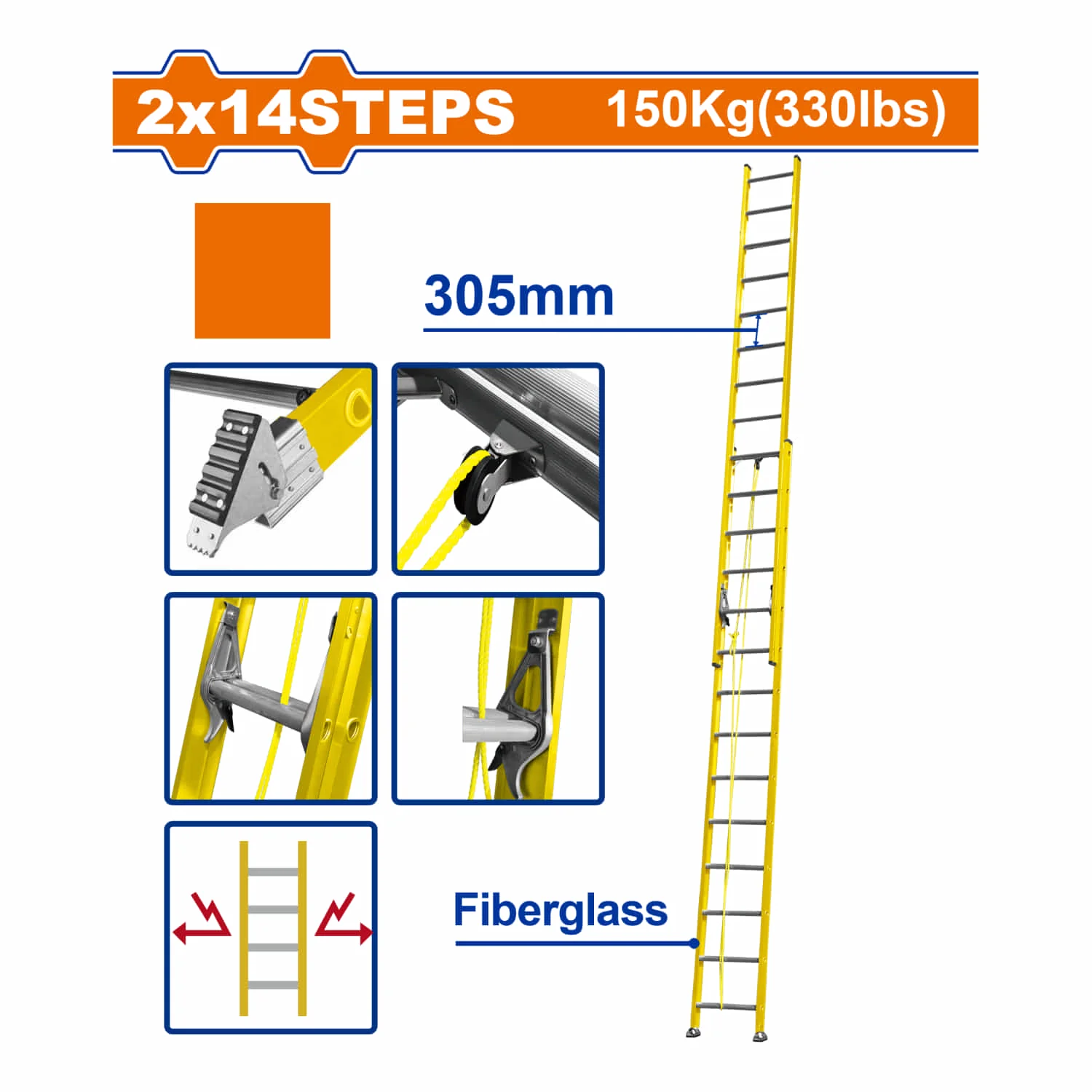 Escalera Extensible 2X14 De Fibra De Vidrio. Carga Máx. 150Kg Altura Escalón 305Mm. - Image 2