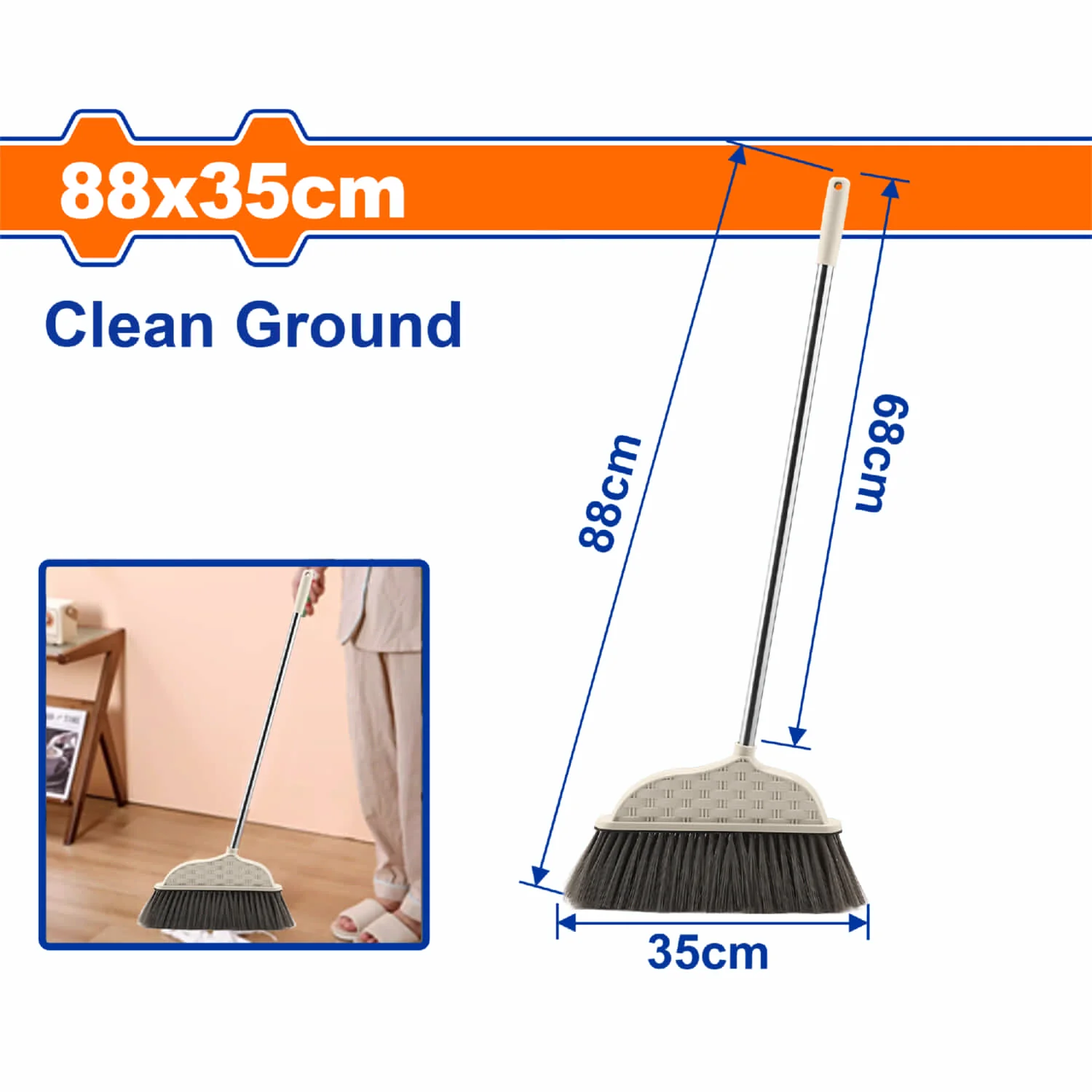 Escoba 88X35cm Tubo De Acero Inoxidable Con Mango De Plástico. Ideal Para Limpieza De Pisos.