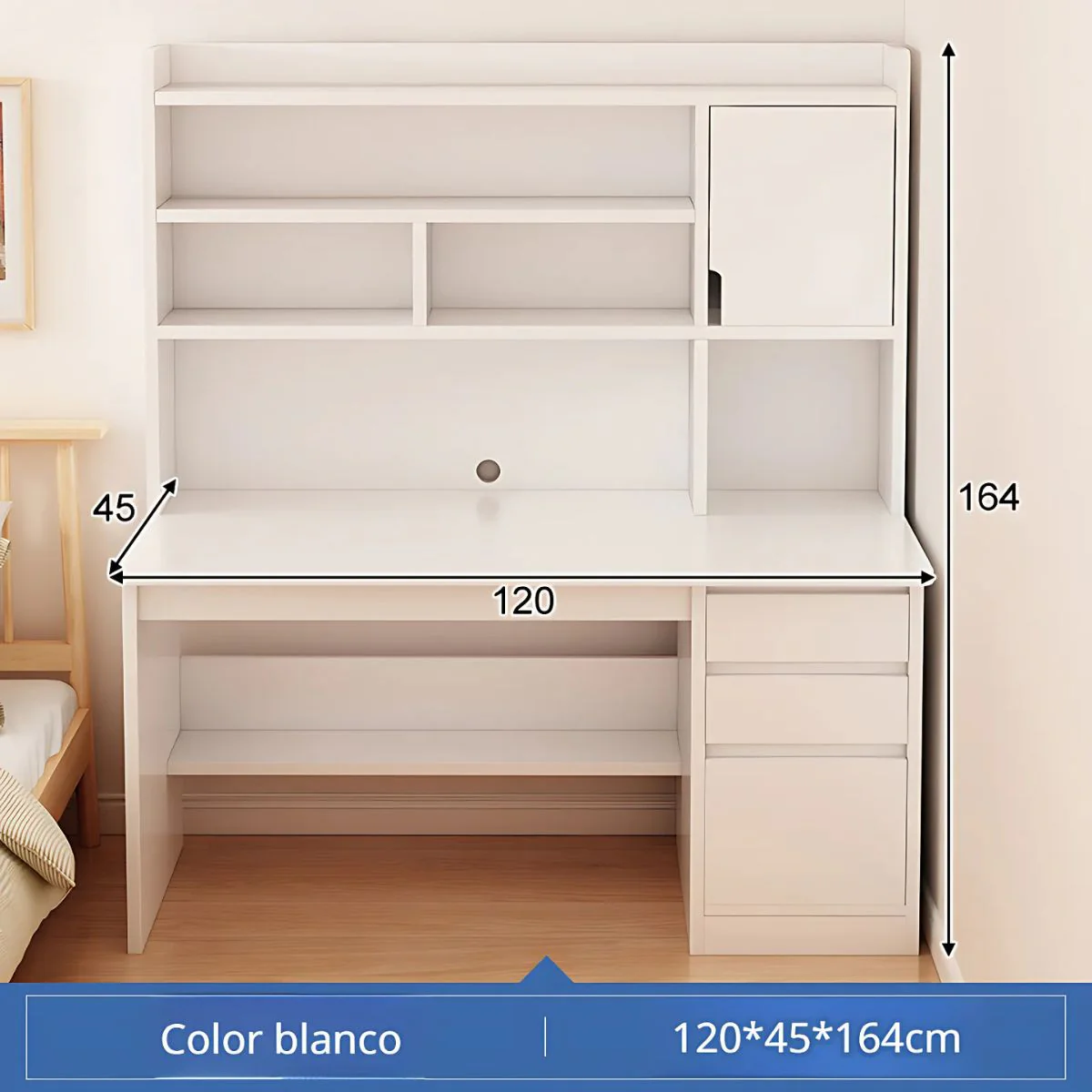 Escritorio Con Estantería Y Cajones 120X45x164cm. Mueble Multifuncional Para Oficina O Dormitorio. Color Blanco. - Image 4