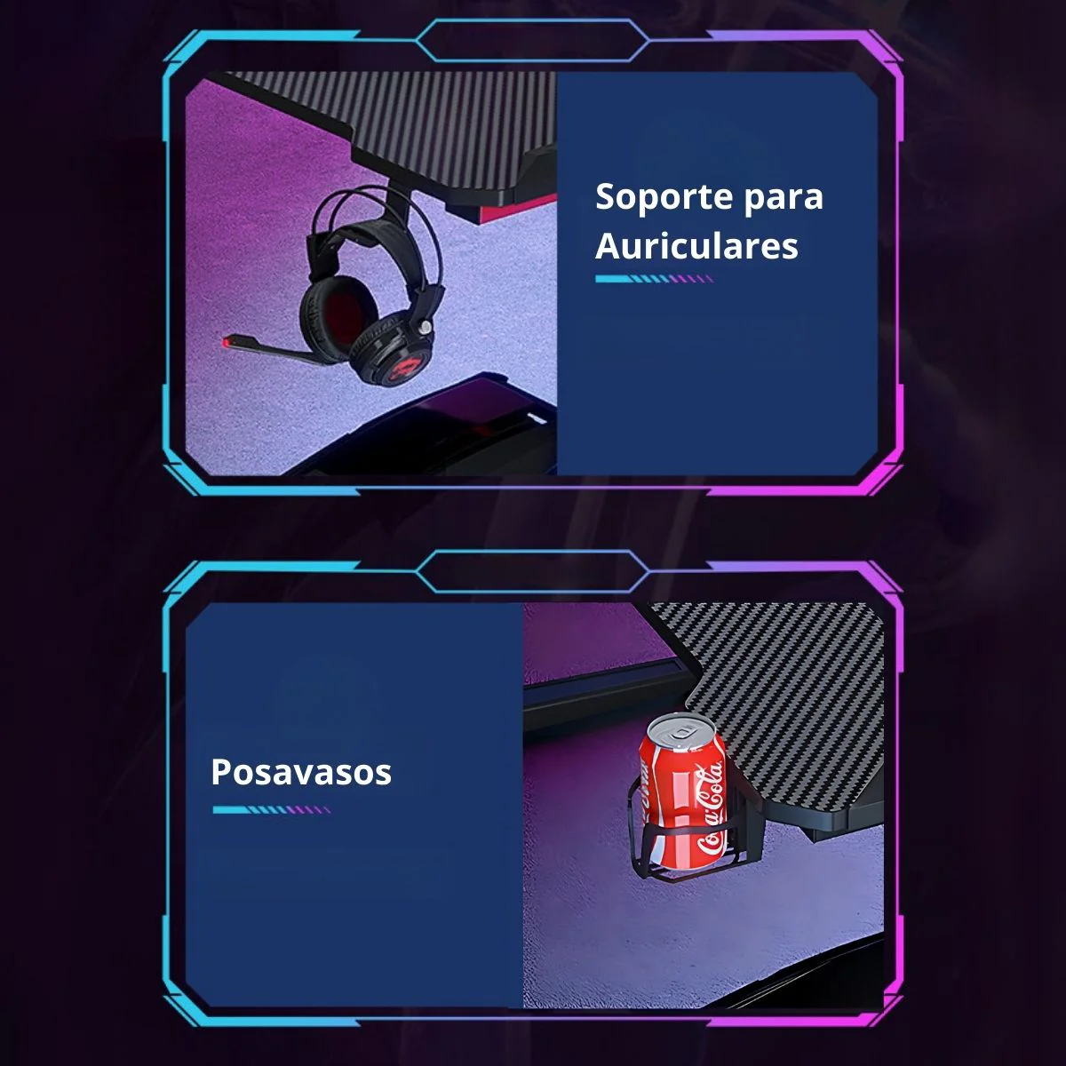 Escritorio Mesa Gamer Con Iluminación RGB, Fibra De Carbono. Posavasos Y Soporte Para Auriculares. 120X60x74 Cm Gaming - Image 3