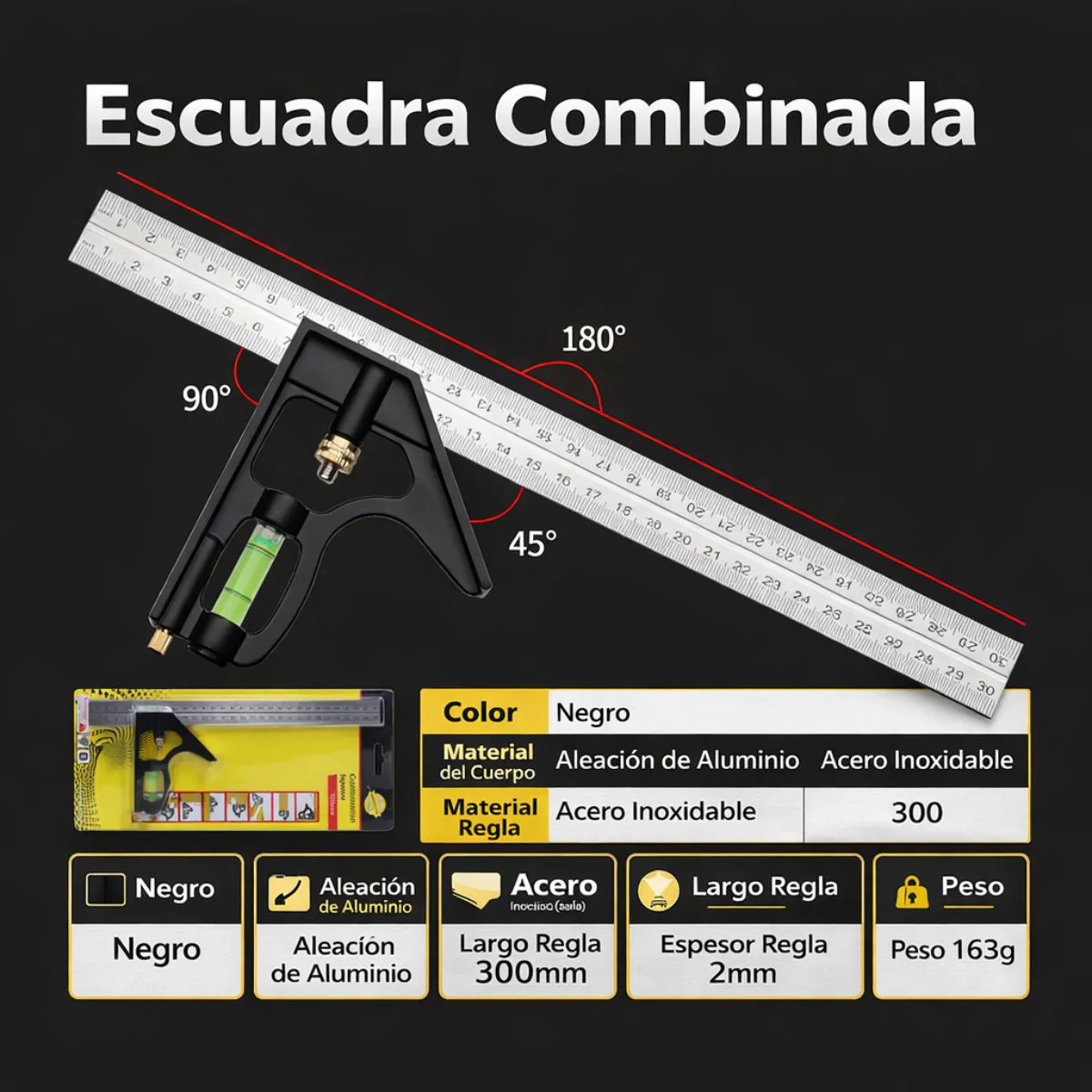 Escuadra De Combinacion 300Mm Con Nivel De Burbuja. Regla Combinada De Acero Inoxidable. Medición 45°, 90° Y 180°. - Image 3
