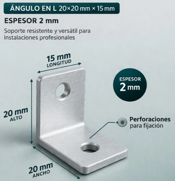 Escuadra L Chica De Aluminio Multiuso 20X20x15mm Espesor 2 Mm| Soporte Para Panel ACM Y Fijaciones Generales | Pack 100 Unidades