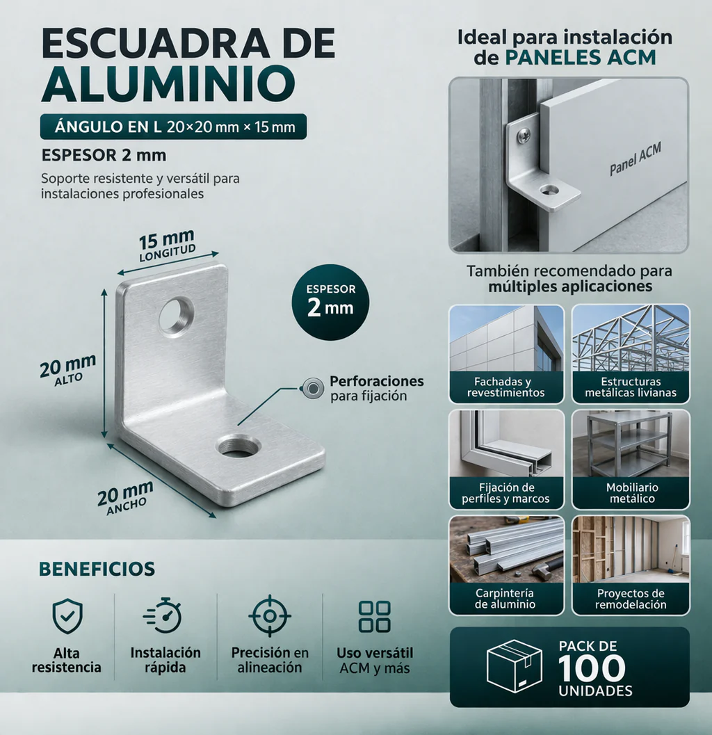Escuadra L Chica De Aluminio Multiuso 20X20x15mm Espesor 2 Mm| Soporte Para Panel ACM Y Fijaciones Generales | Pack 100 Unidades - Image 2