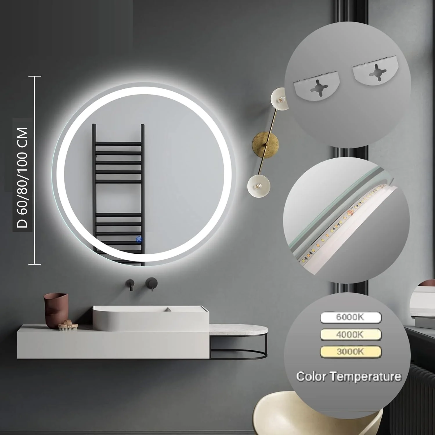 Espejo LED Circular Diámetro 100Cm (1M) Con Luz LED De 3 Tonos Botón Táctil - Image 3
