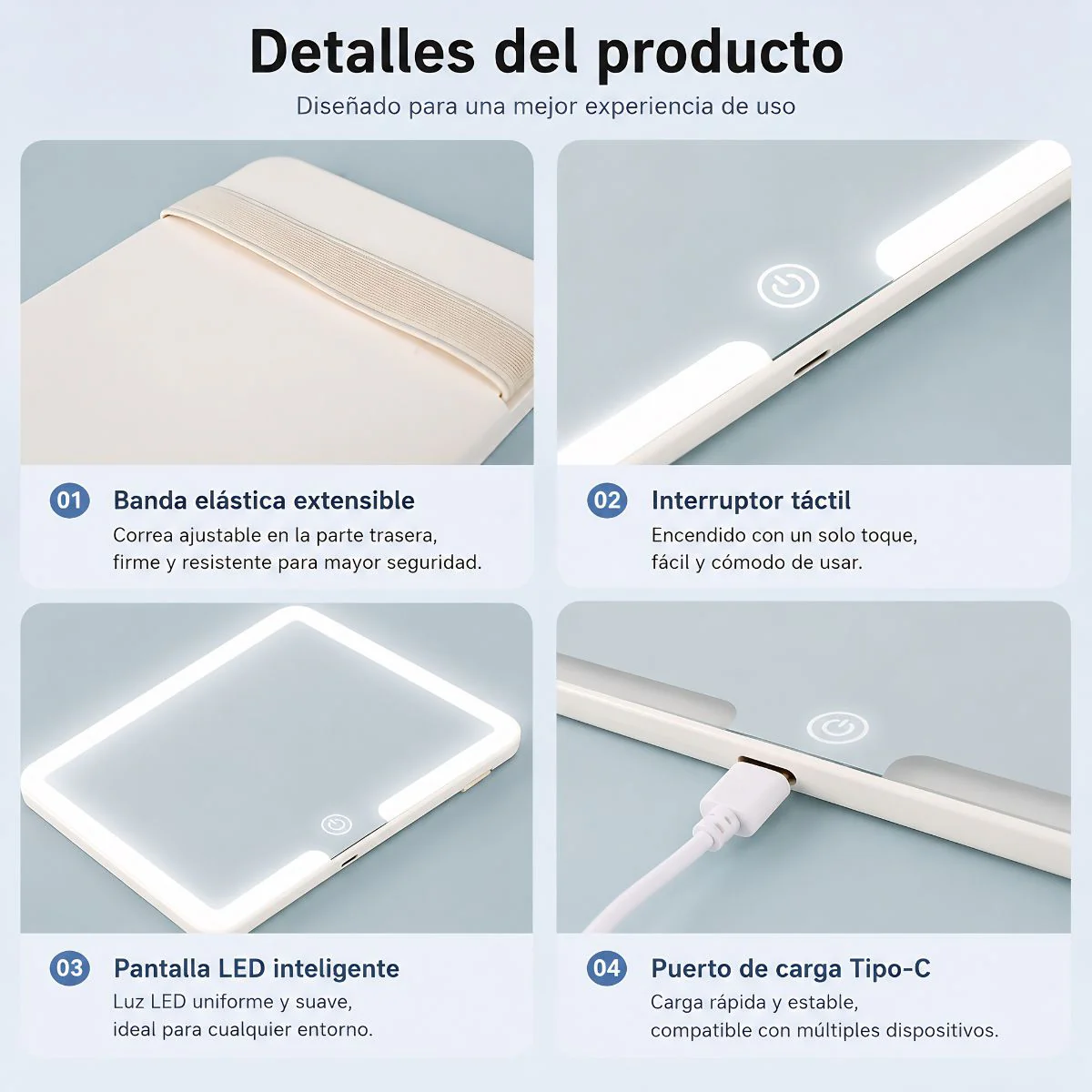 Espejo De Maquillaje LED Para Visera De Carro Touch Recargable USB Tipo C. Espejo Portátil Luz Blanca Y Cálida (23.5X12.7Cm) - Image 3