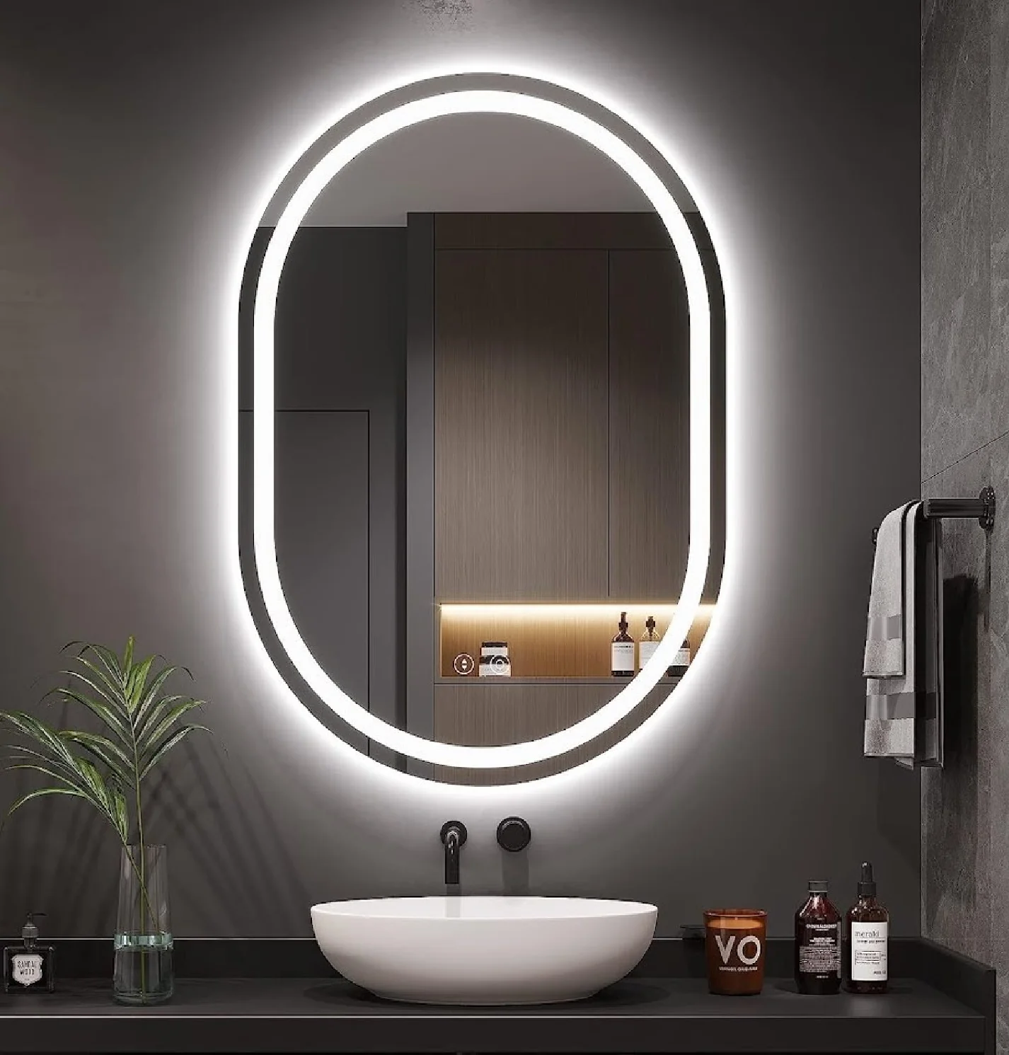 Espejo LED Ovalado 45 Cm Ancho X 90 Cm Alto Con Luz LED De 3 Tonos Botón Táctil