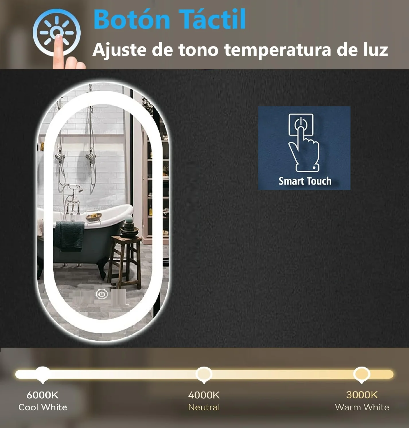 Espejo LED Ovalado 60 Cm Ancho X 120 Cm Alto Con Luz LED De 3 Tonos Botón Táctil - Image 2