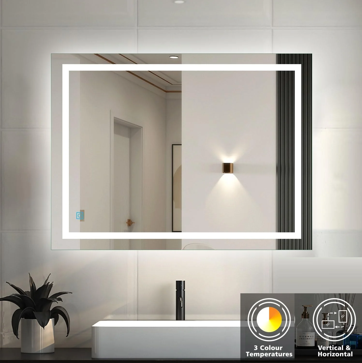 Espejo LED Rectangular 70X90 Cm Con Luz LED De 3 Tonos Botón Táctil Funciona Para Instalación Vertical Y Horizontal