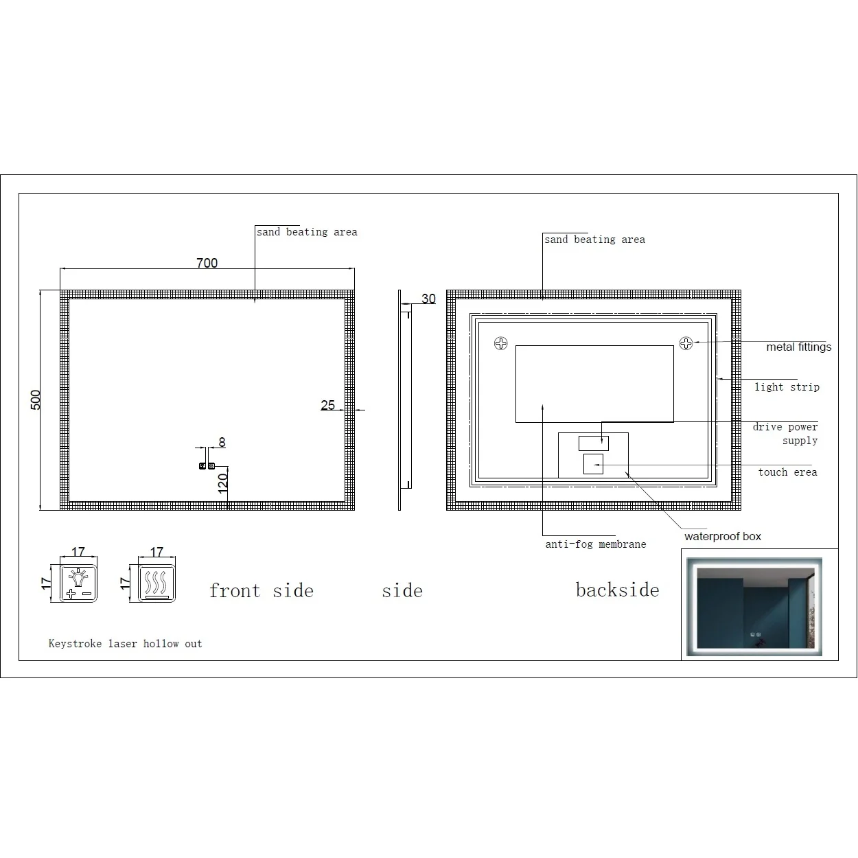 Espejo Rectangular Con Luz Led Y Sistema Antiempañante (Alto 50 Cm X Largo 70 Cm) Baño - Image 6