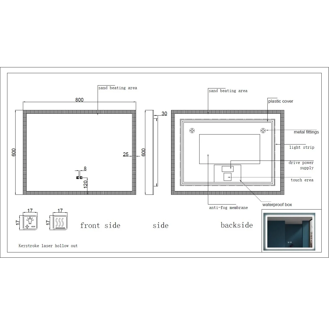 Espejo Baño Rectangular Con Luz Led Y Sistema Antiempañante (Alto 60 Cm X Largo 80 Cm) - Image 6