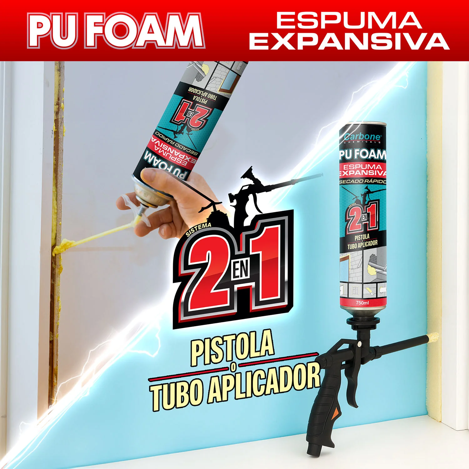 Espuma Expansiva PU Foam Carbone 750 Ml. Curado En 24 Horas. Boquilla Dual De Rosca Para Pistola Y De Tubo Aplicador Manual 2 En 1 - Image 5