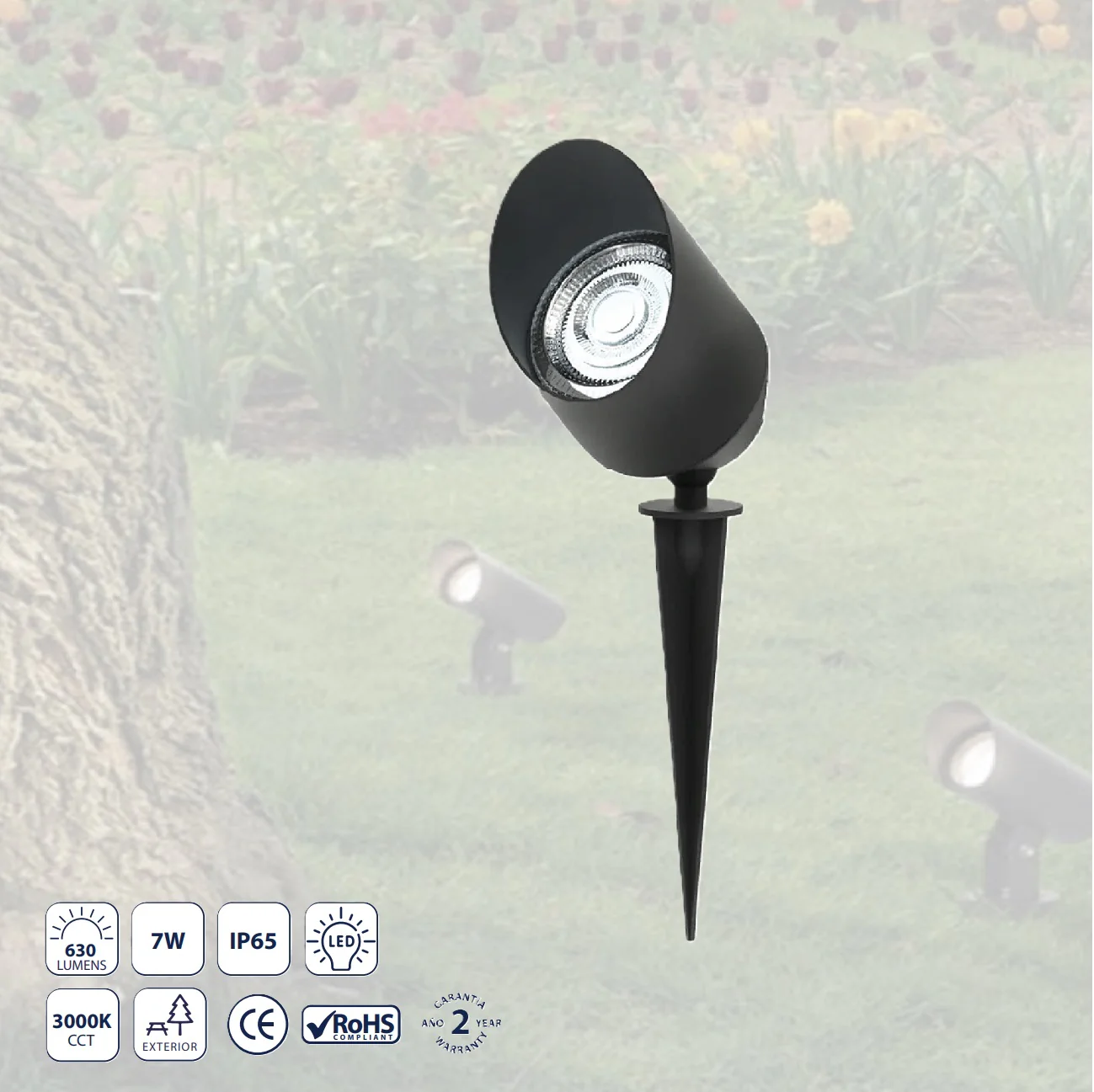 Estaca LED Exterior Negra 7W 30K Iluminación De Jardín Eficiente 630 Lm.Faro De Jardín.