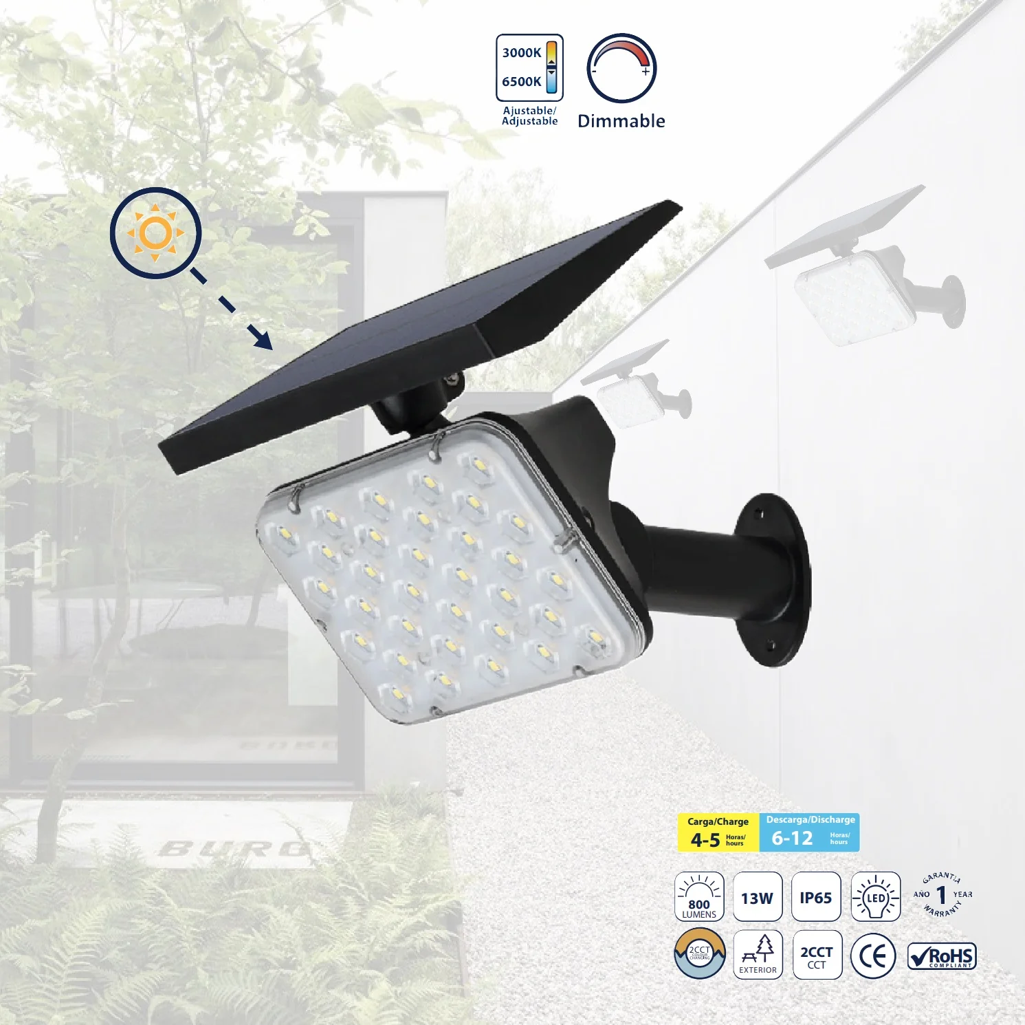 Lámpara Estaca Solar LED Negra 13W - 800 Lumens, CCT 3000K/6500K.Función De Auto Encendido Y Auto Apagado. Lámpara Estaca Solar.
