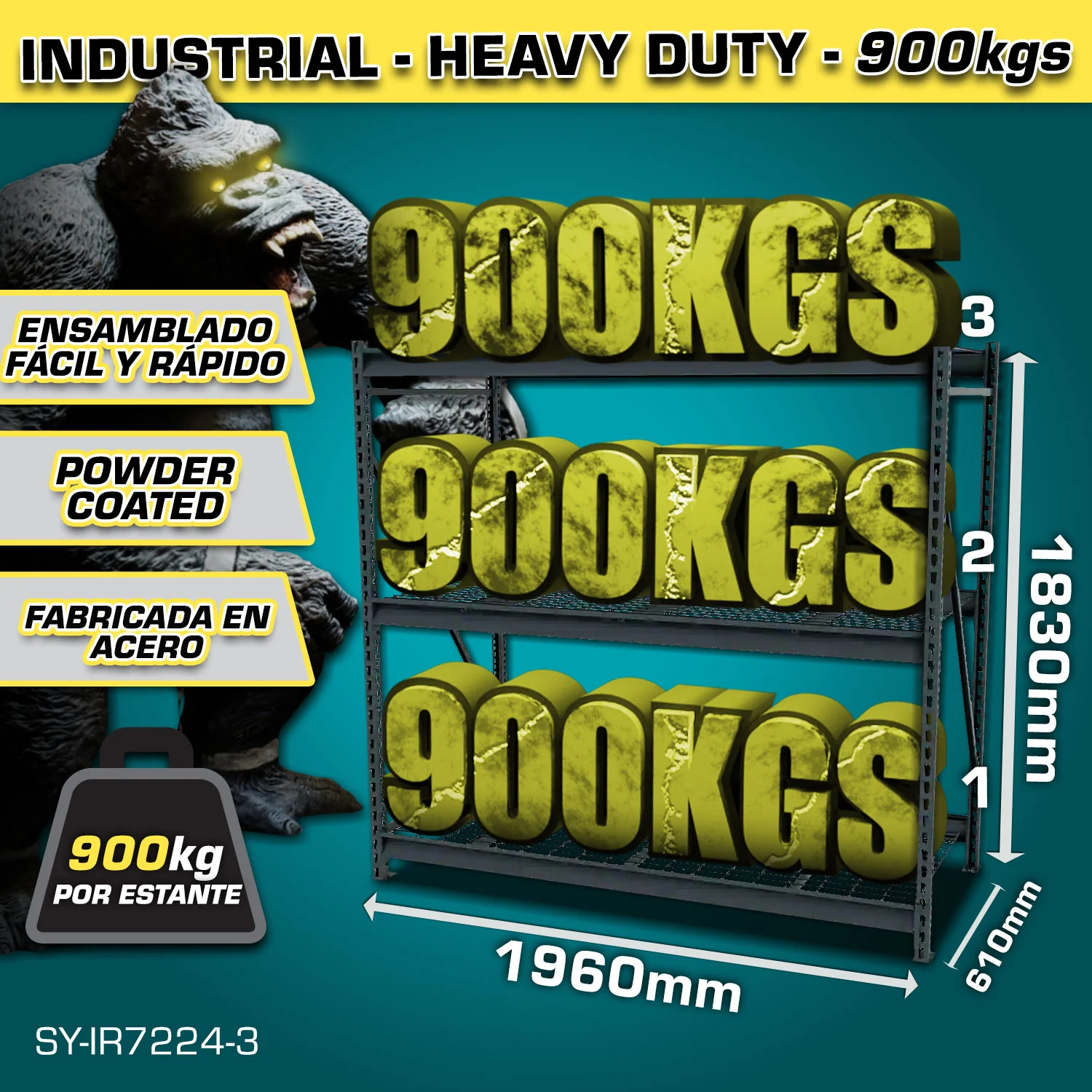Estante De Almacenamiento Ajustable 3 Niveles 610X1960x1830mm Carga Por Nivel 900Kg Estantería Arma Rápido Rack.