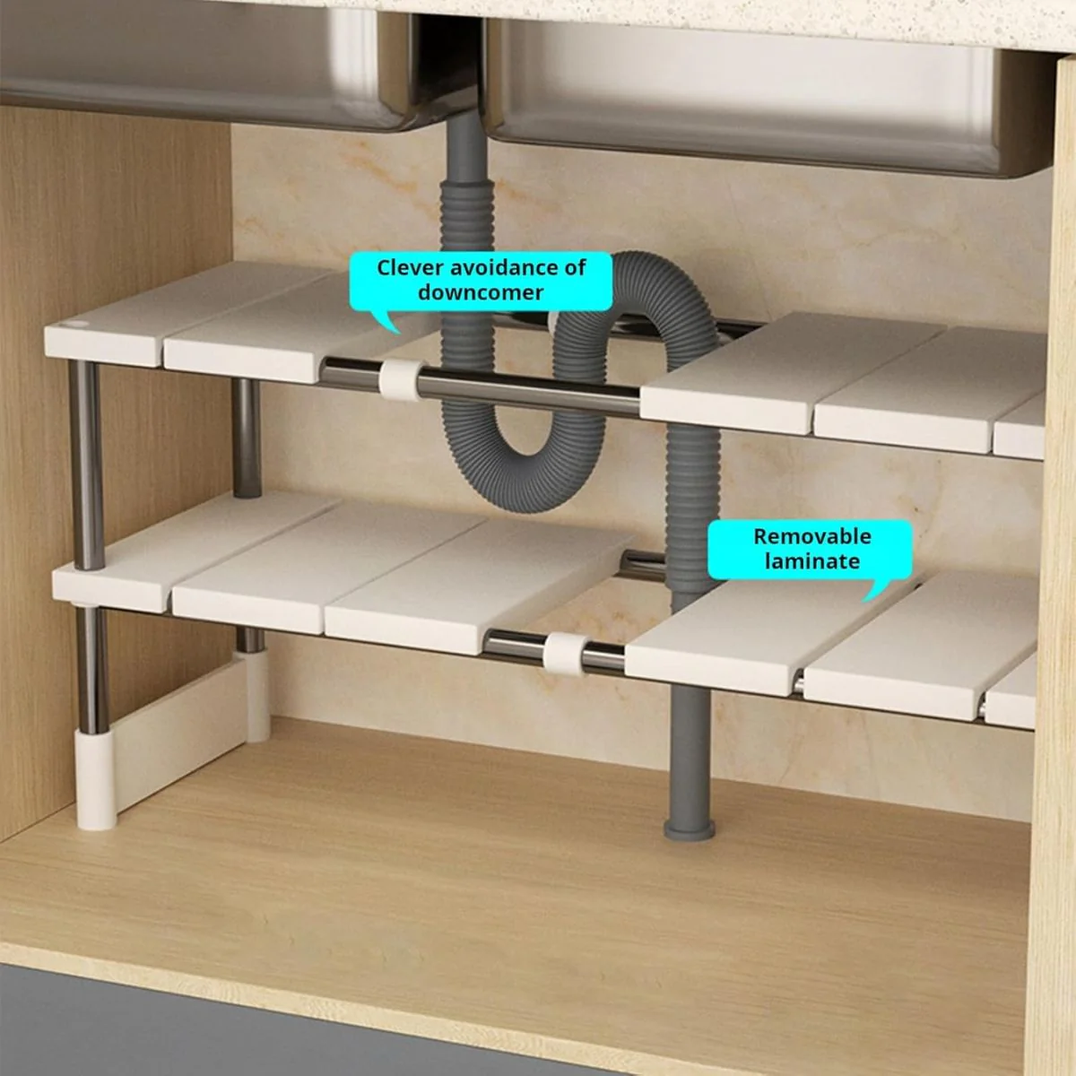 Estante Organizador Ajustable De 2 Niveles. Color Blanco. Repisa De Almacenamiento. Para Cocina Debajo Del Fregador - Image 3
