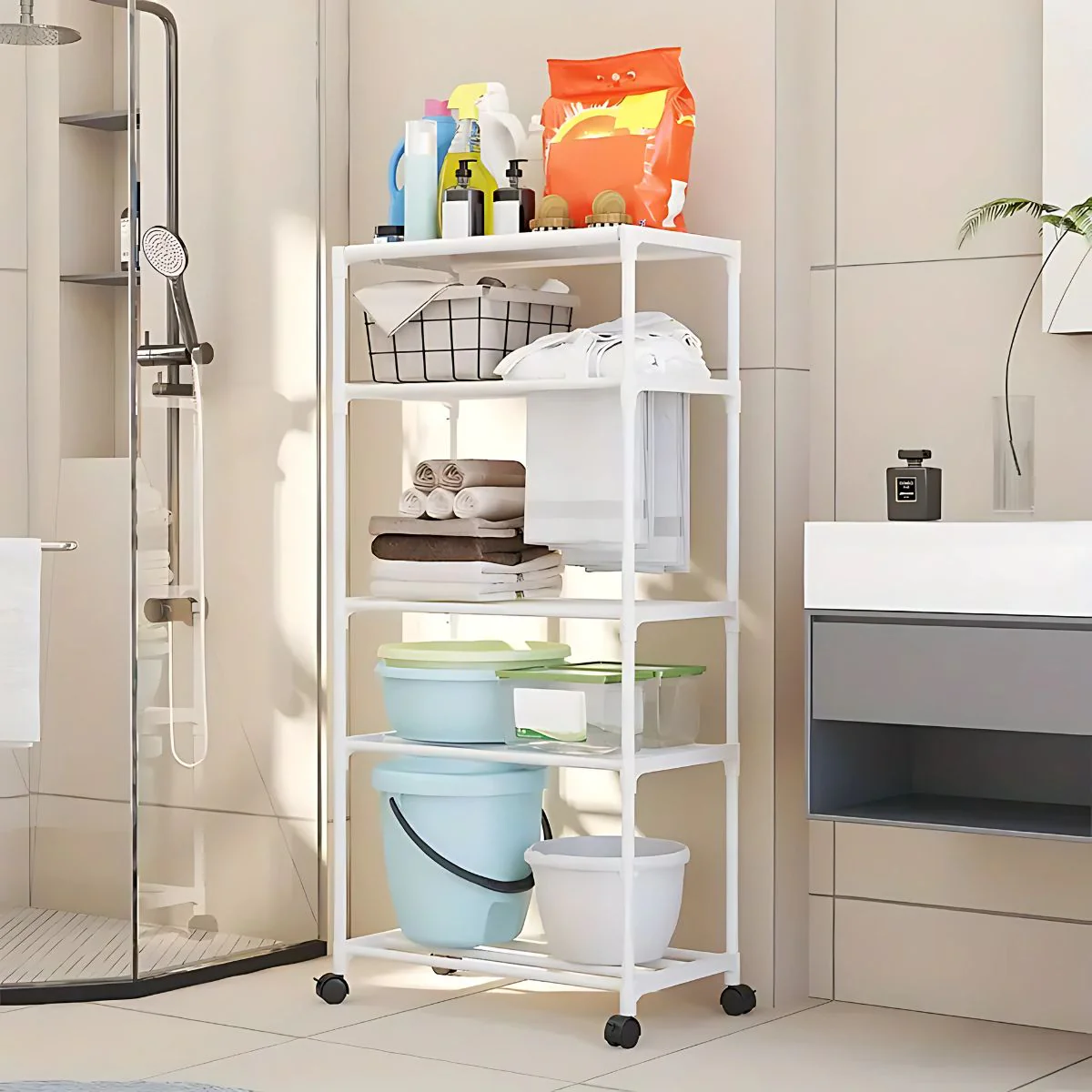 Estante Organizador De 5 Niveles Con Ruedas Para Baño, Cocina O Lavandería. Repisa Para Almacenamiento. 140X50.5X30cm Color Blanco. - Image 2