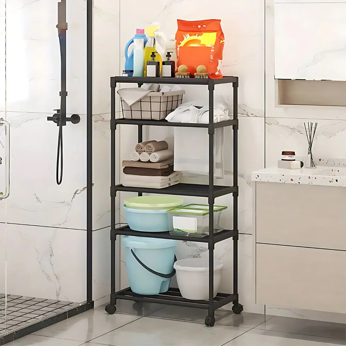 Estante Organizador De 5 Niveles Con Ruedas Para Baño, Cocina O Lavandería. Repisa Para Almacenamiento. 140X50.5X30cm Color Negro.