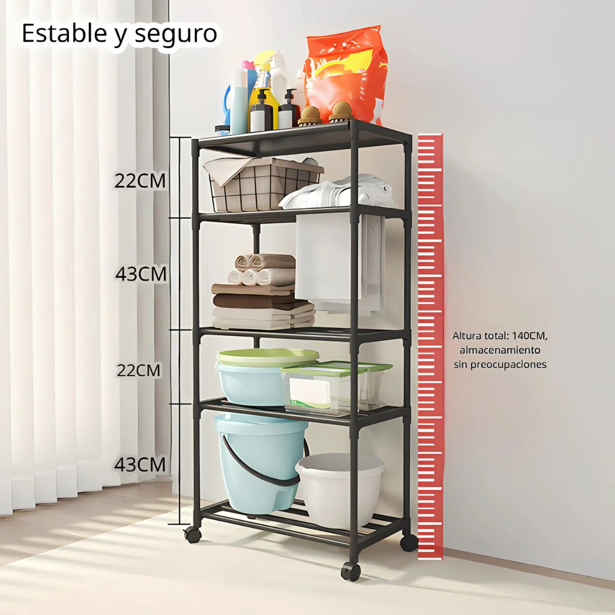 Estante Organizador De 5 Niveles Con Ruedas Para Baño, Cocina O Lavandería. Repisa Para Almacenamiento. 140X50.5X30cm Color Negro. - Image 3