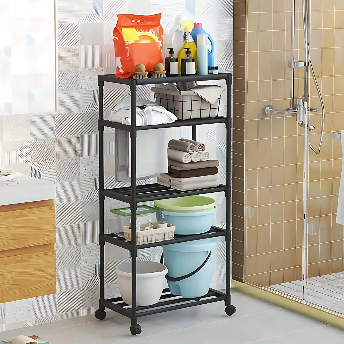 Estante Organizador De 5 Niveles Con Ruedas Para Baño, Cocina O Lavandería. Repisa Para Almacenamiento. 140X50.5X30cm Color Negro. - Image 5