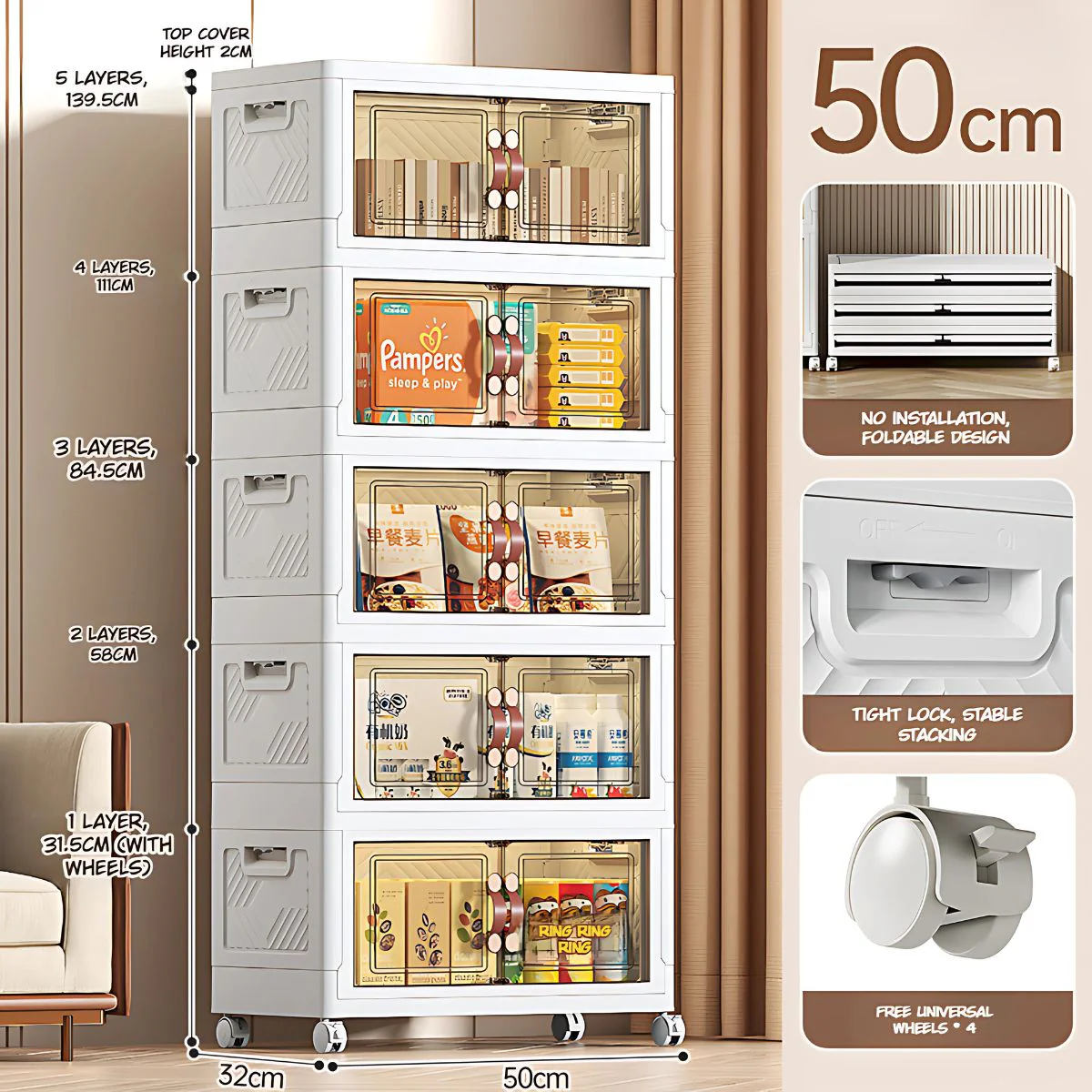 Estante Organizador Modular Plegable Con Ruedas Y Puertas Transparentes. Armario Desmontable Para Almacenamiento (50 Cm De Ancho). Cajones Apilables.